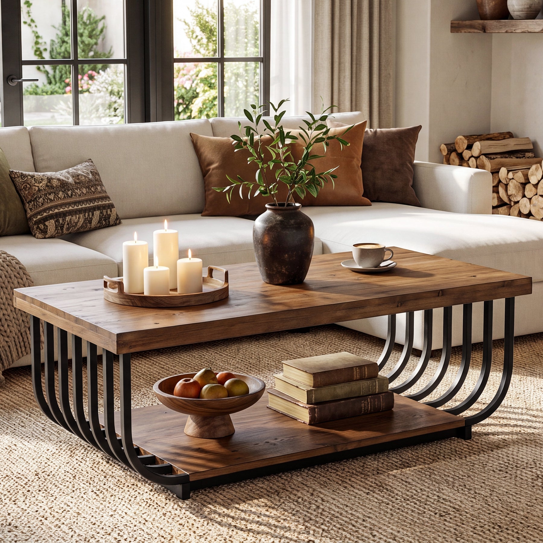 47" Solid Wood Coffee Table, Rectangle Center Table with 2-Tier Storage & Metal Frame