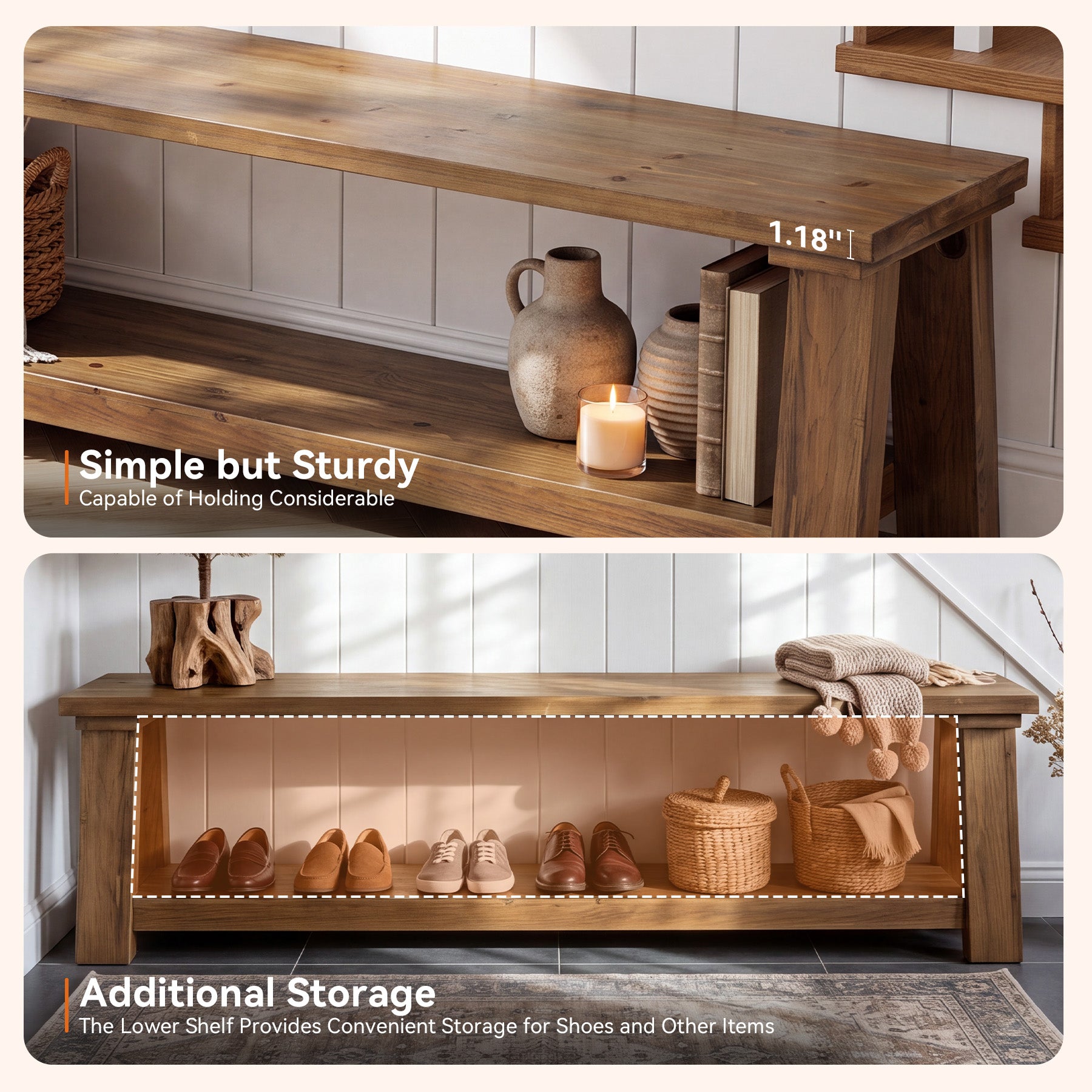 70.87" Solid Wood Dining Bench, Farmhouse Kitchen Bench with 2-tier Shelf for Dining Room