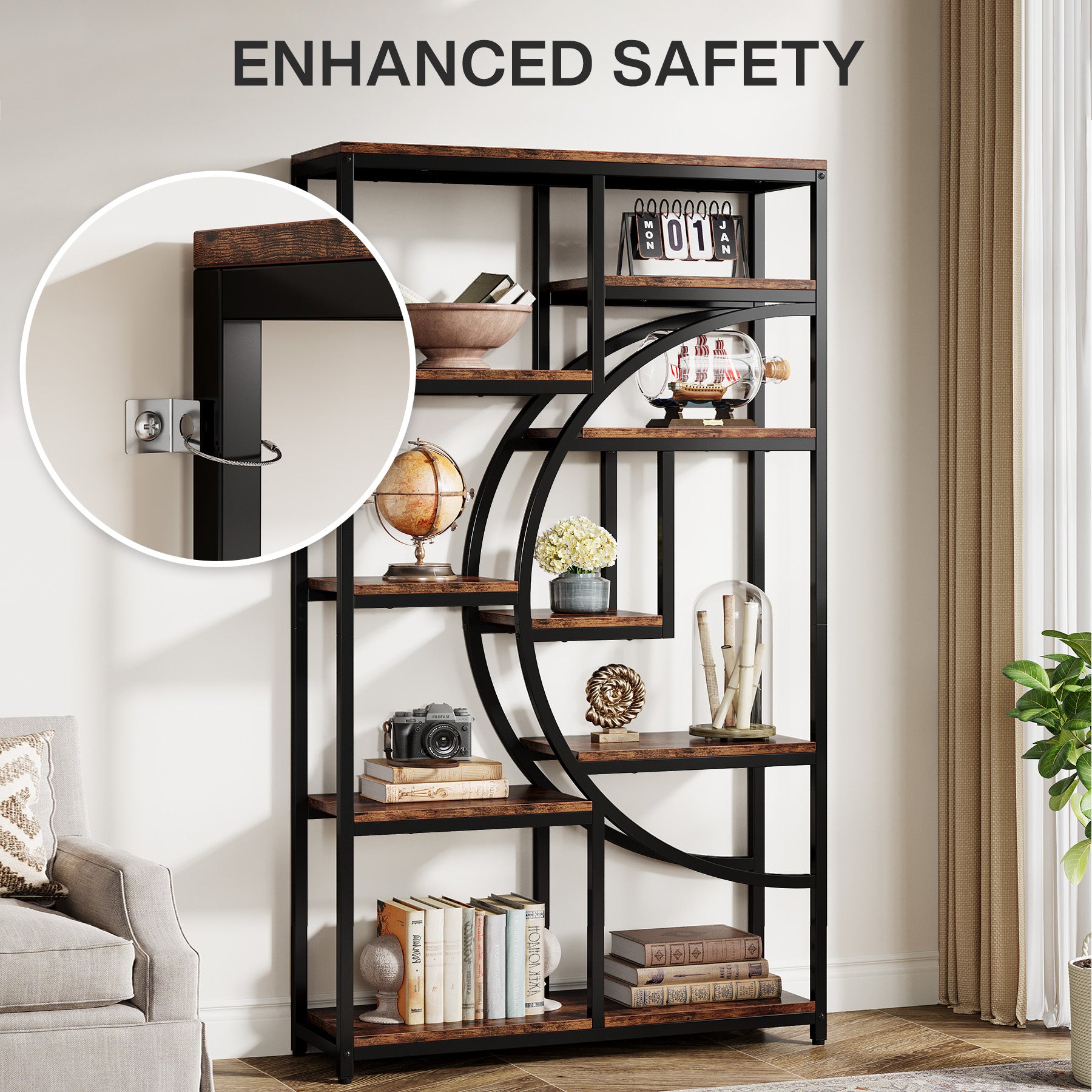 5-Tier Etagere Bookshelf, 68.9" Bookcase with 9 Open Shelves