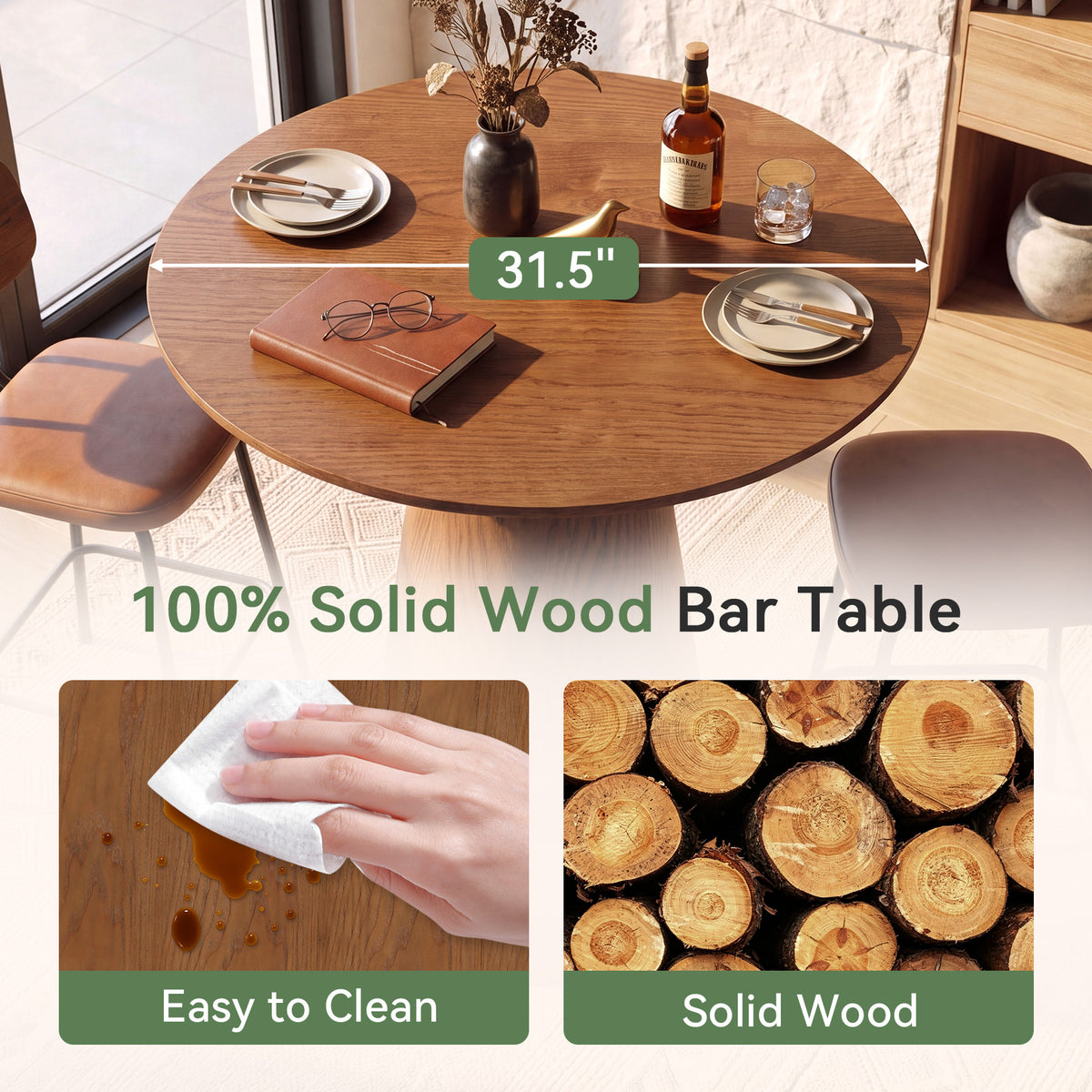 39" H Solid Wood Bar Table, Round Pedestal Height Pub Table for Dining, Easy Assembly