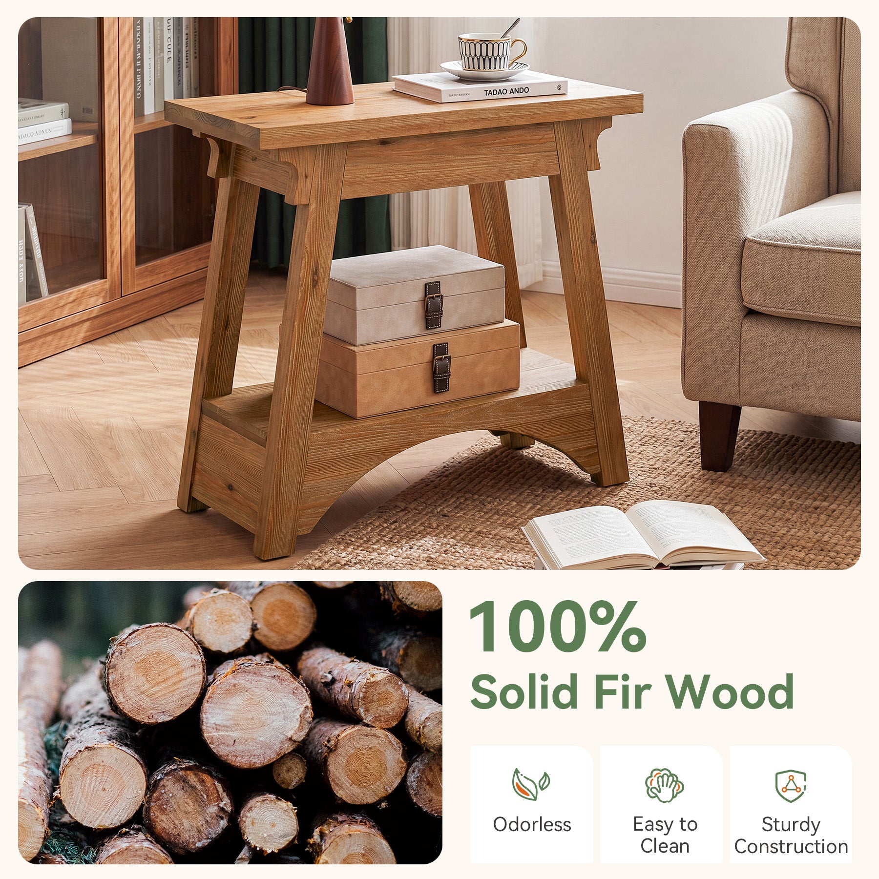 24.4" Solid Wood End Table, Narrow Farmhouse Nightstand for Small Spaces