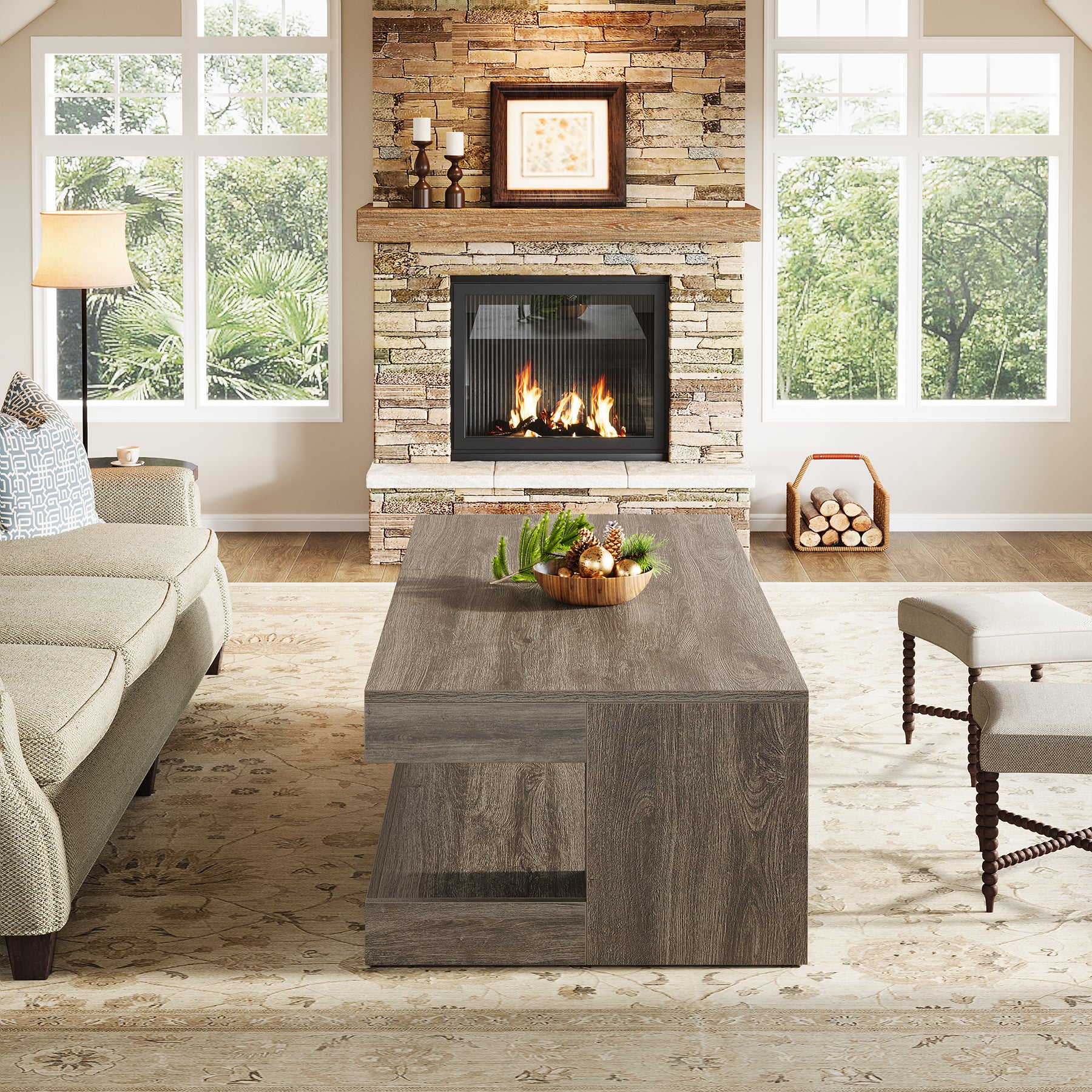 47.24" Coffee Table, Farmhouse 2-Tier Tea Cocktail Table with Storage