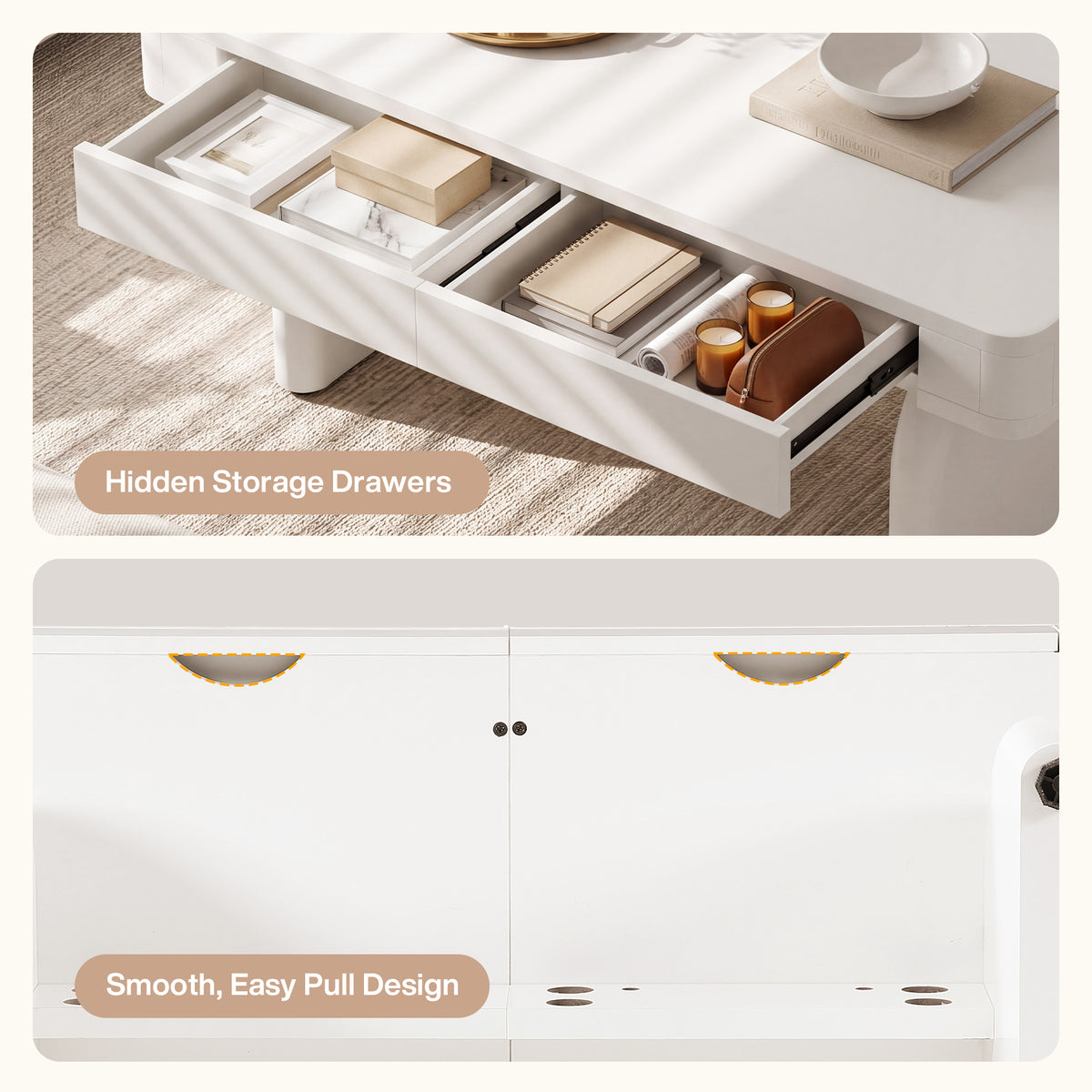 47.24 Inch White Coffee Table with 2 Drawers and Storage, Modern Rectangular Center Table for Living Room