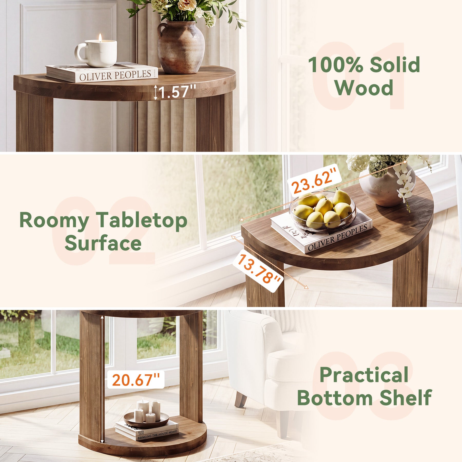 Half Moon End Table with Storage Shelf, Solid Wood Farmhouse Side Table, 2-Tier Shelves, Living Room & Bedroom