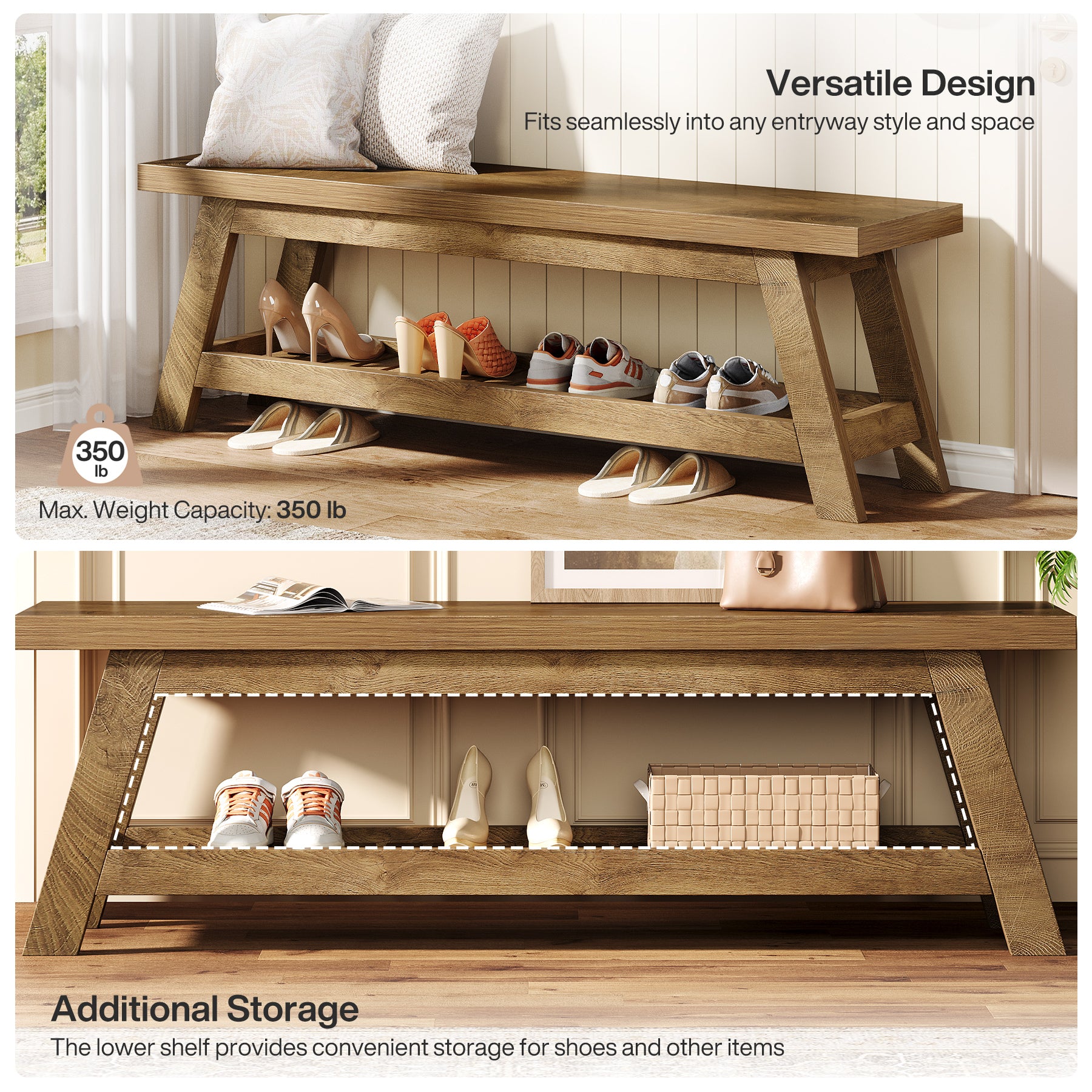 55" Entryway Bench, 2-Tier Foyer Seating Bench with Shoe Storage