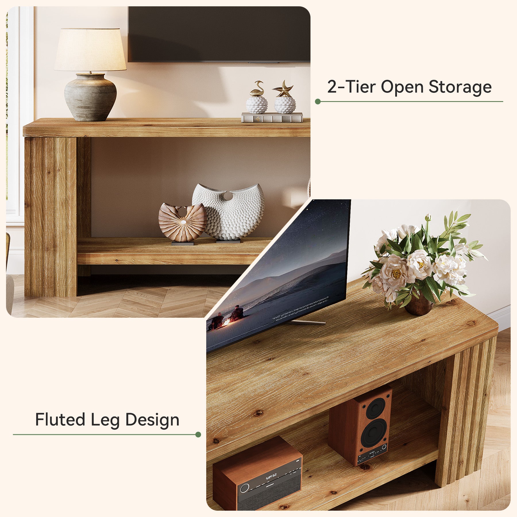 Solid Wood TV Stand, 63" Entertainment Center with 2-Tier Storage Shelf