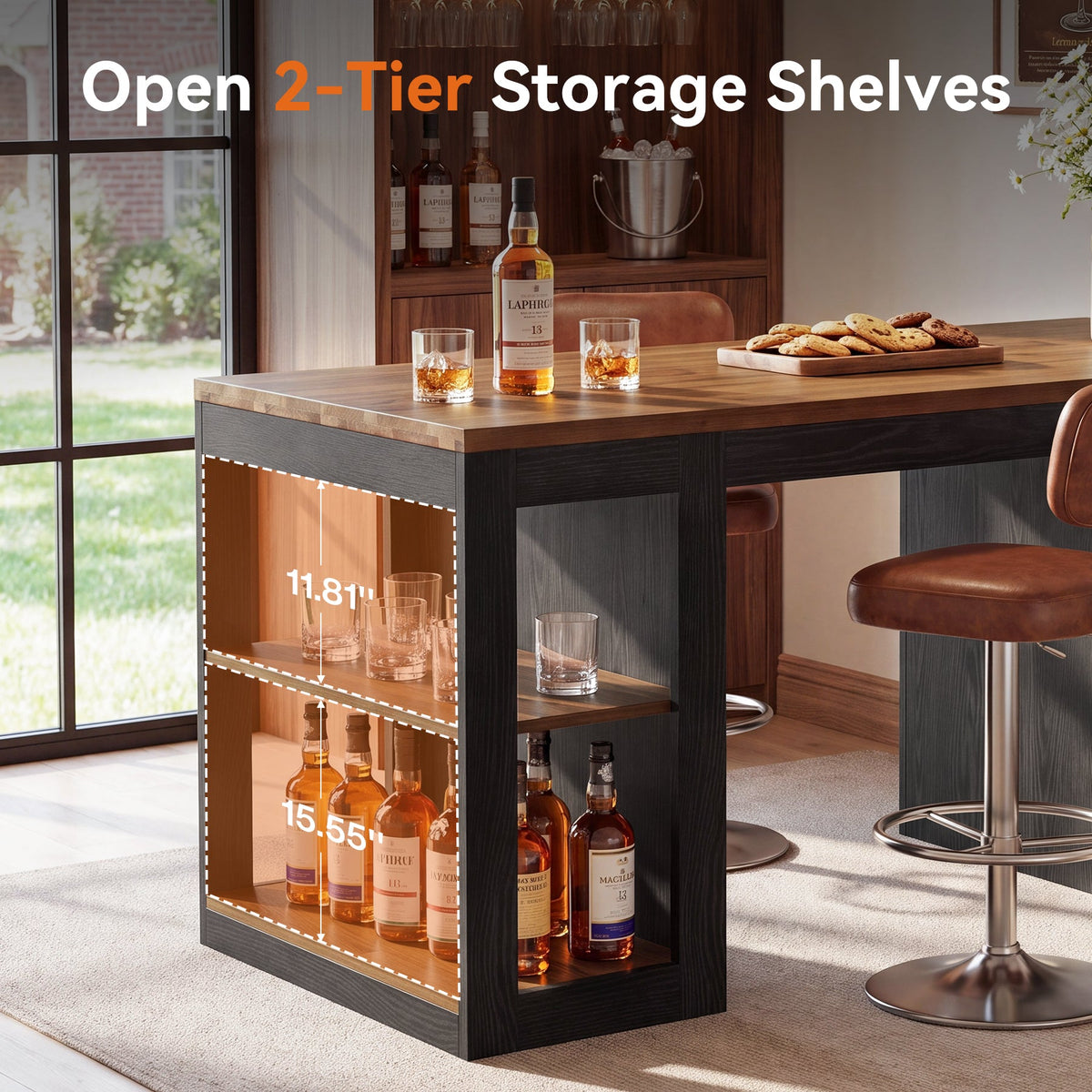 63" Solid Wood Counter Height Bar Table with 2-Tier Storage & Thick Top