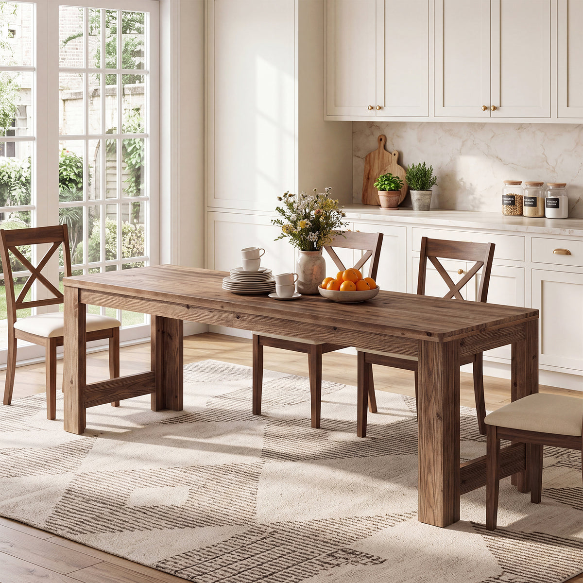 79" Dining Table for 6-8, Farmhouse Solid Wood Rustic Kitchen Table