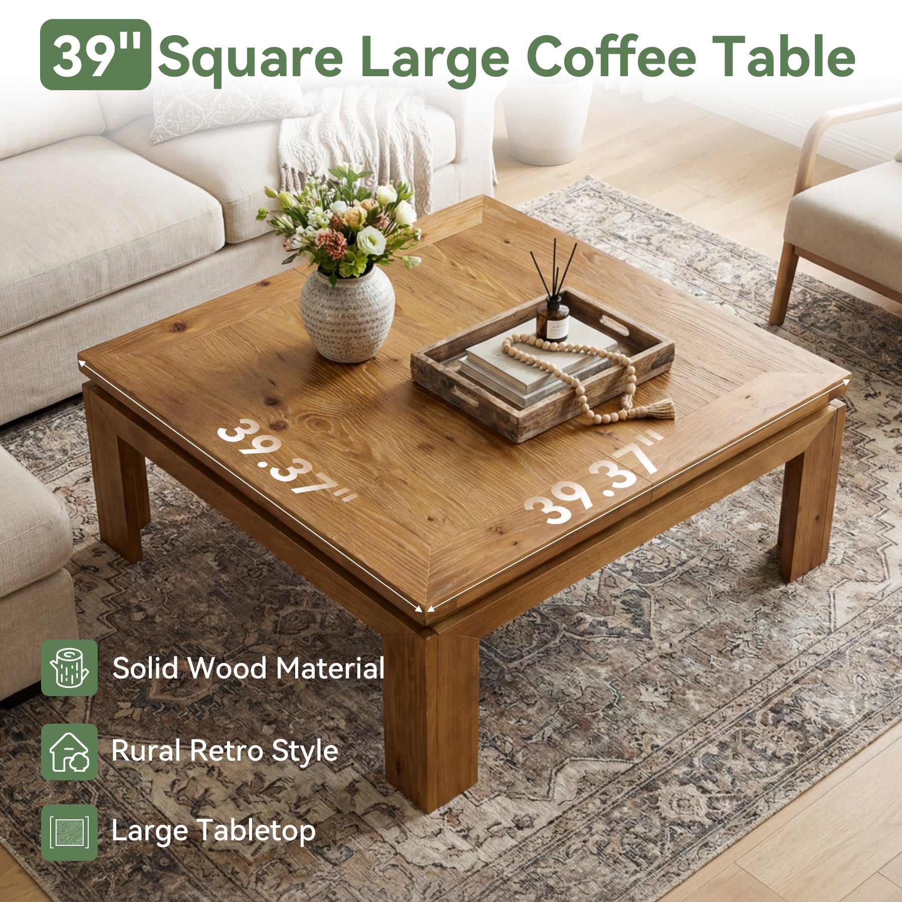 Tribesigns 39.4-Inch Square Coffee Table, Solid Wood Living Room Table