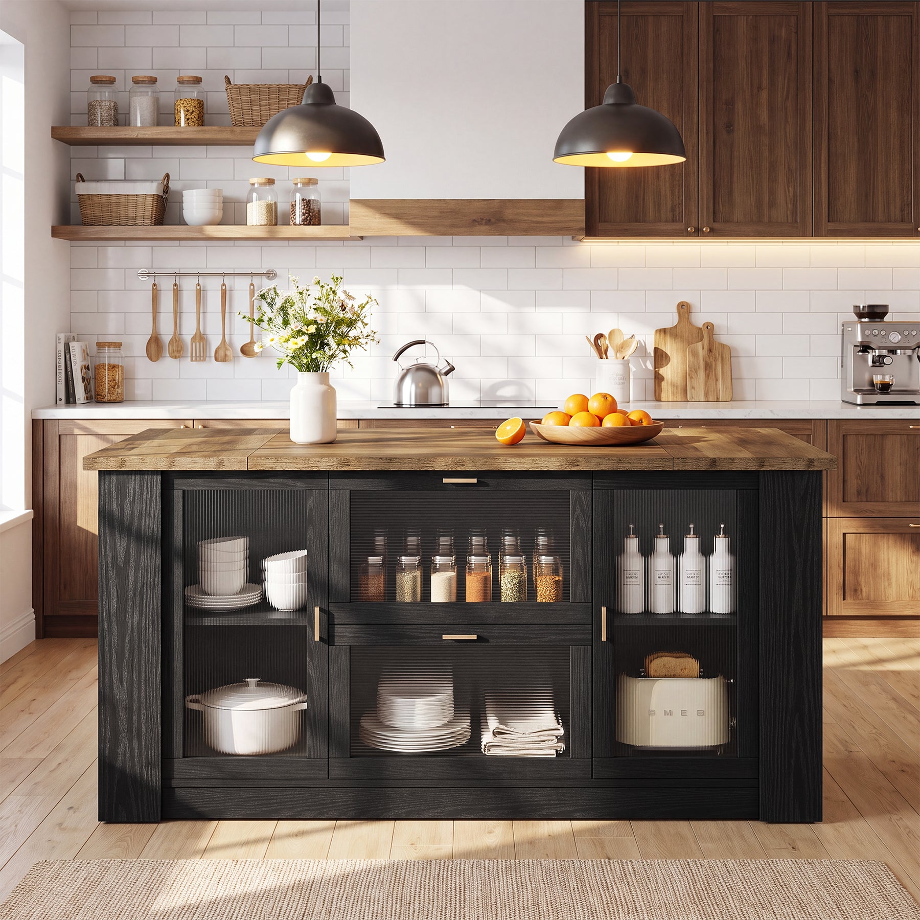71" Counter Height Bar Table with Seating, 2 Drawers & Storage Cabinets, Pub Table, Kitchen