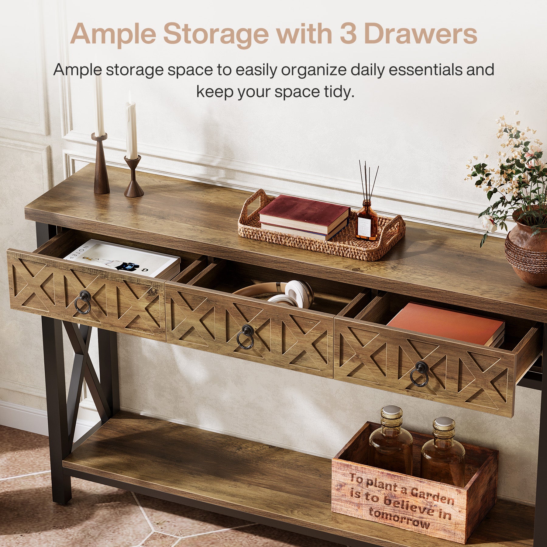 Console Table with 3 Drawers, 55" Entryway Table with 2-Tier Shelf