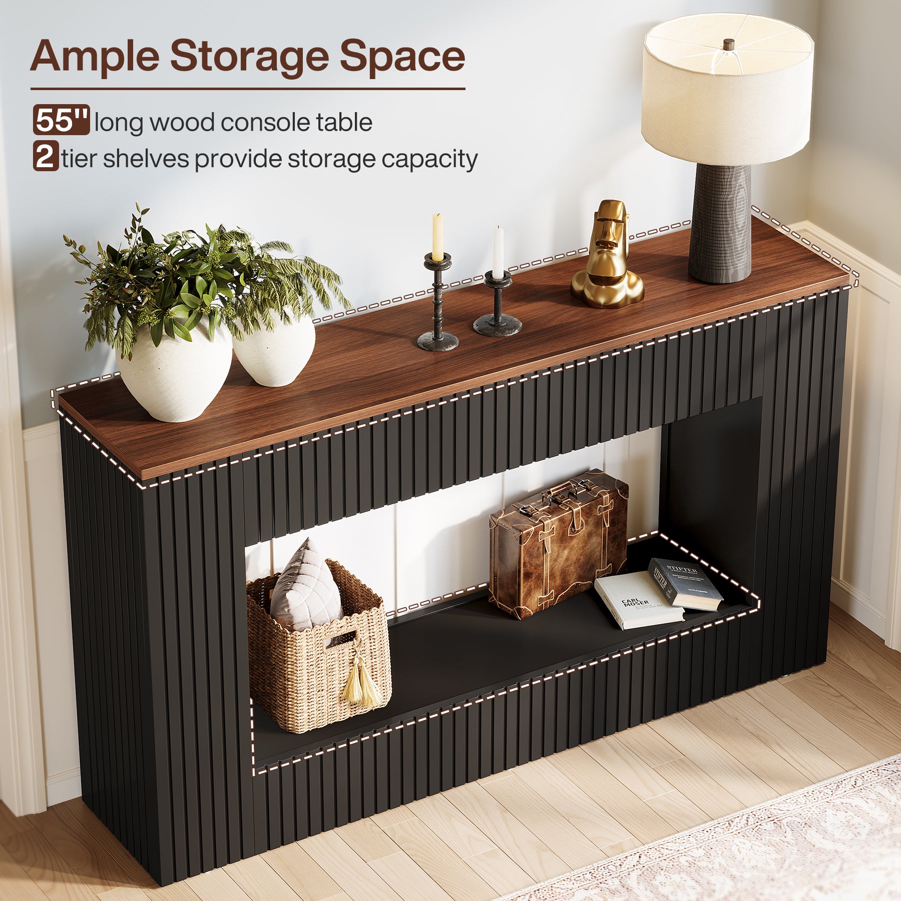 55" Console Table, Wood Entryway Table Sofa Table with Storage