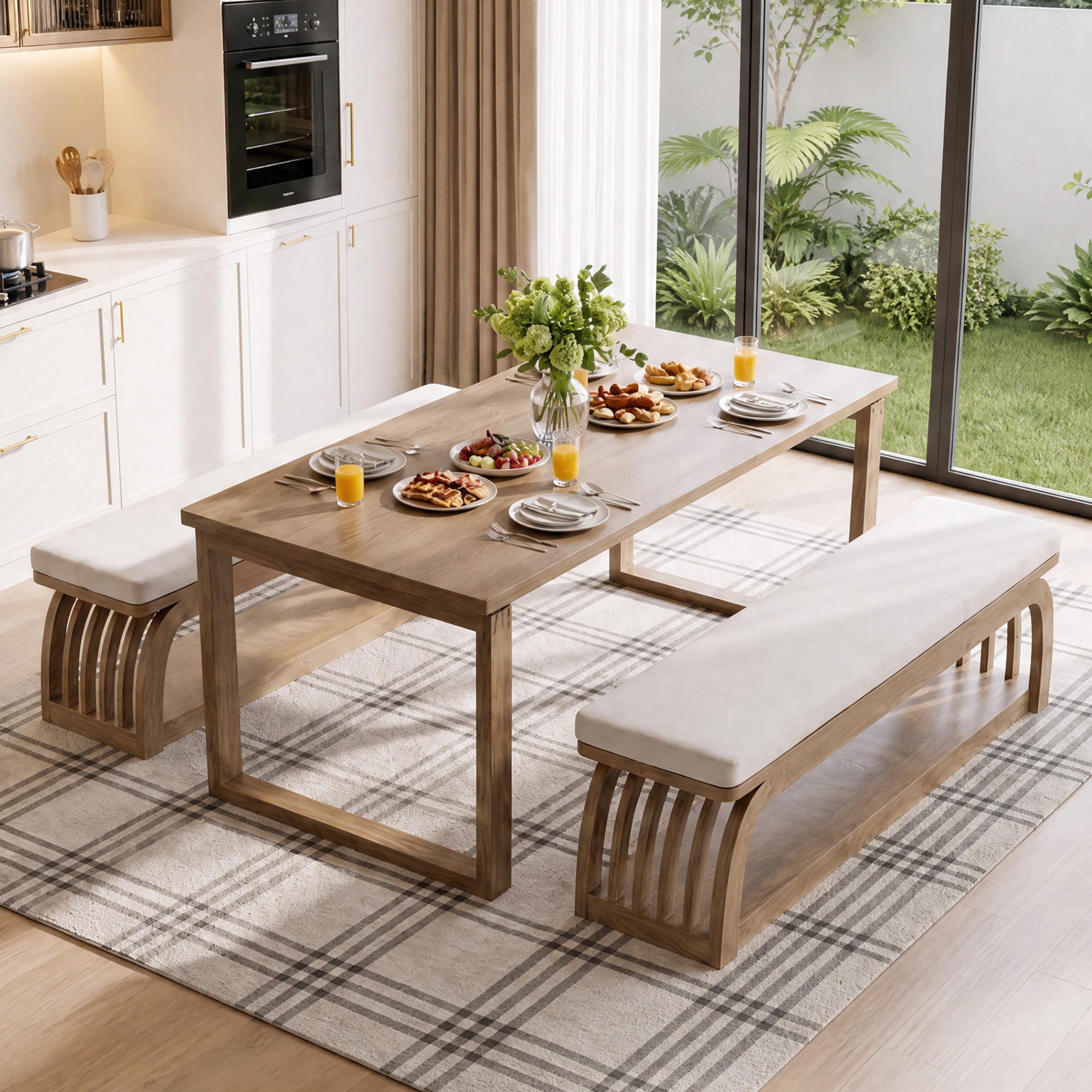 55" Upholstered Dining Bench, 2-Tier Farmhouse Kitchen Bench with Unique Hollow Legs