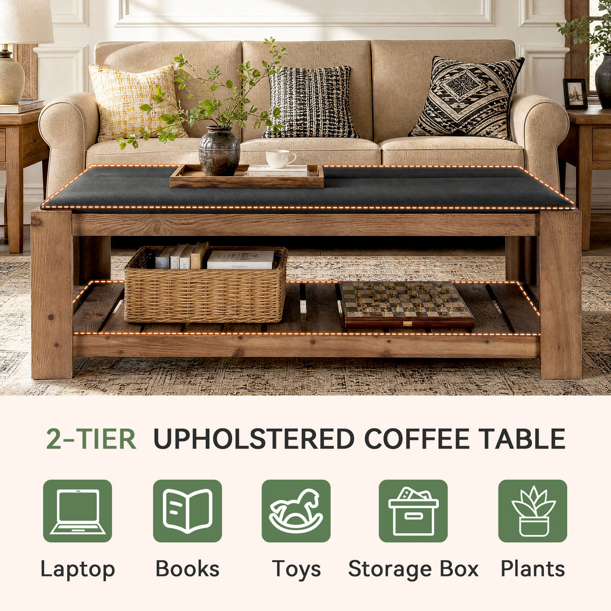 55" Solid Wood Coffee Table with PU Leather Padded Top & Storage Shelf
