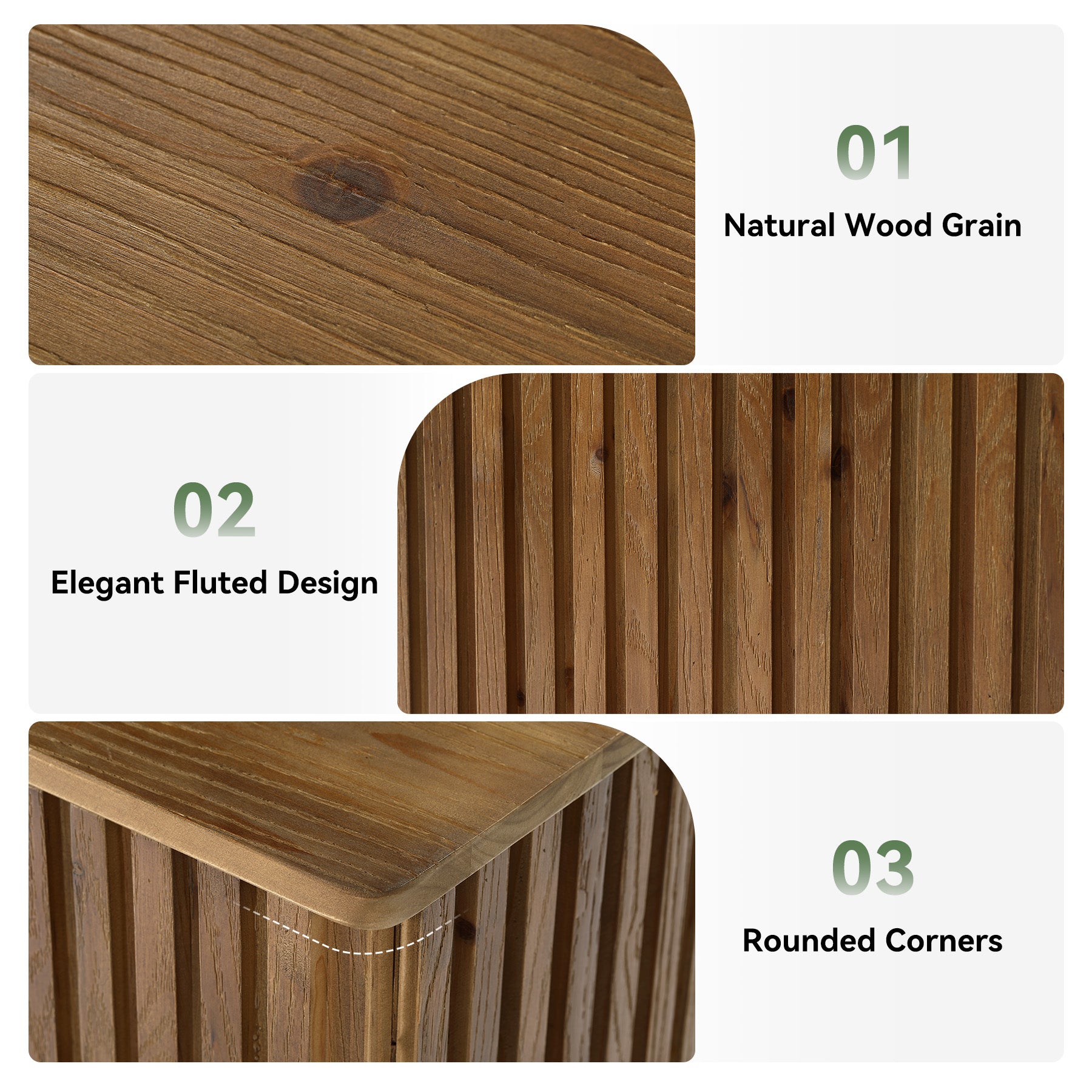 Solid Wood End Table, Square Fluted Side Table with Storage and Removable Lid