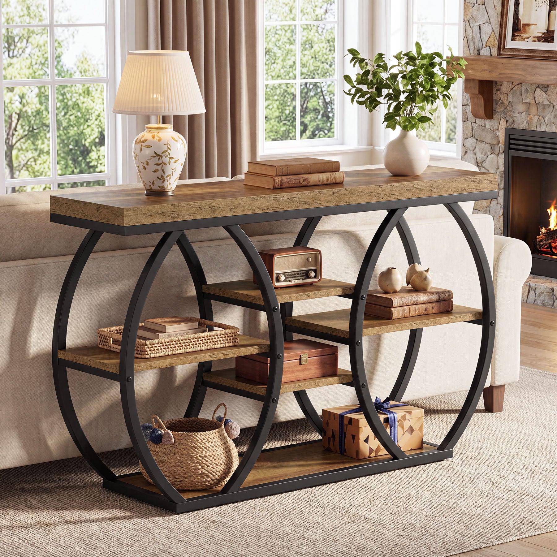 47" Console Table, 4-Tier Narrow Sofa Table with Artistic Curved Metal Frame for Entryway