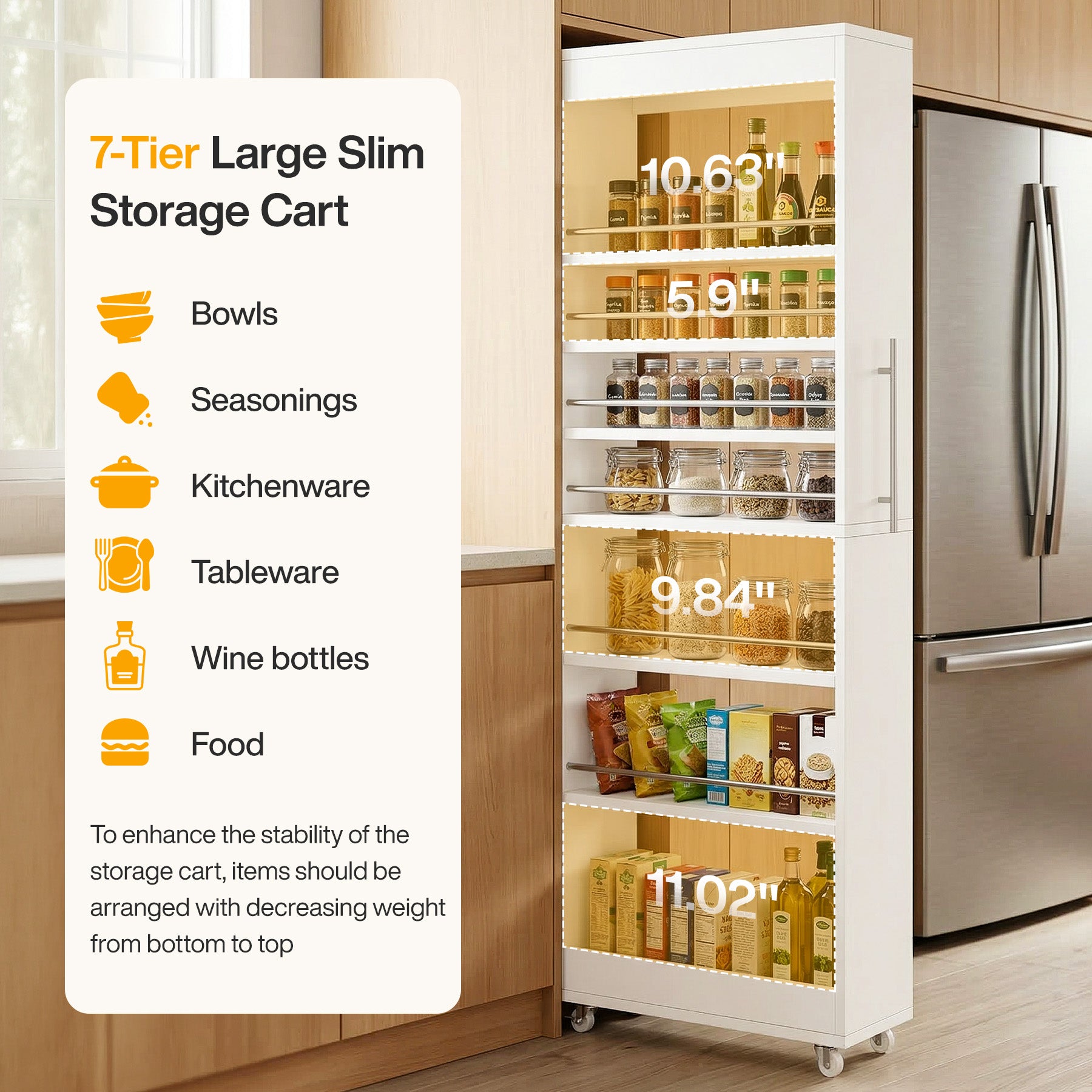 73" Slim Storage Cart on Wheels, 7-Tier Narrow Pantry Rack Cabinet Organizer