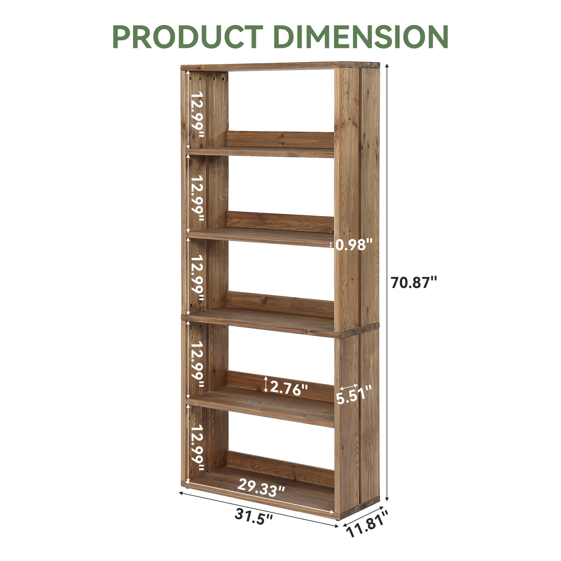 70.8" Tall Bookcase,5-Tier Solid Wood Bookshelf Display Rack for Living Room
