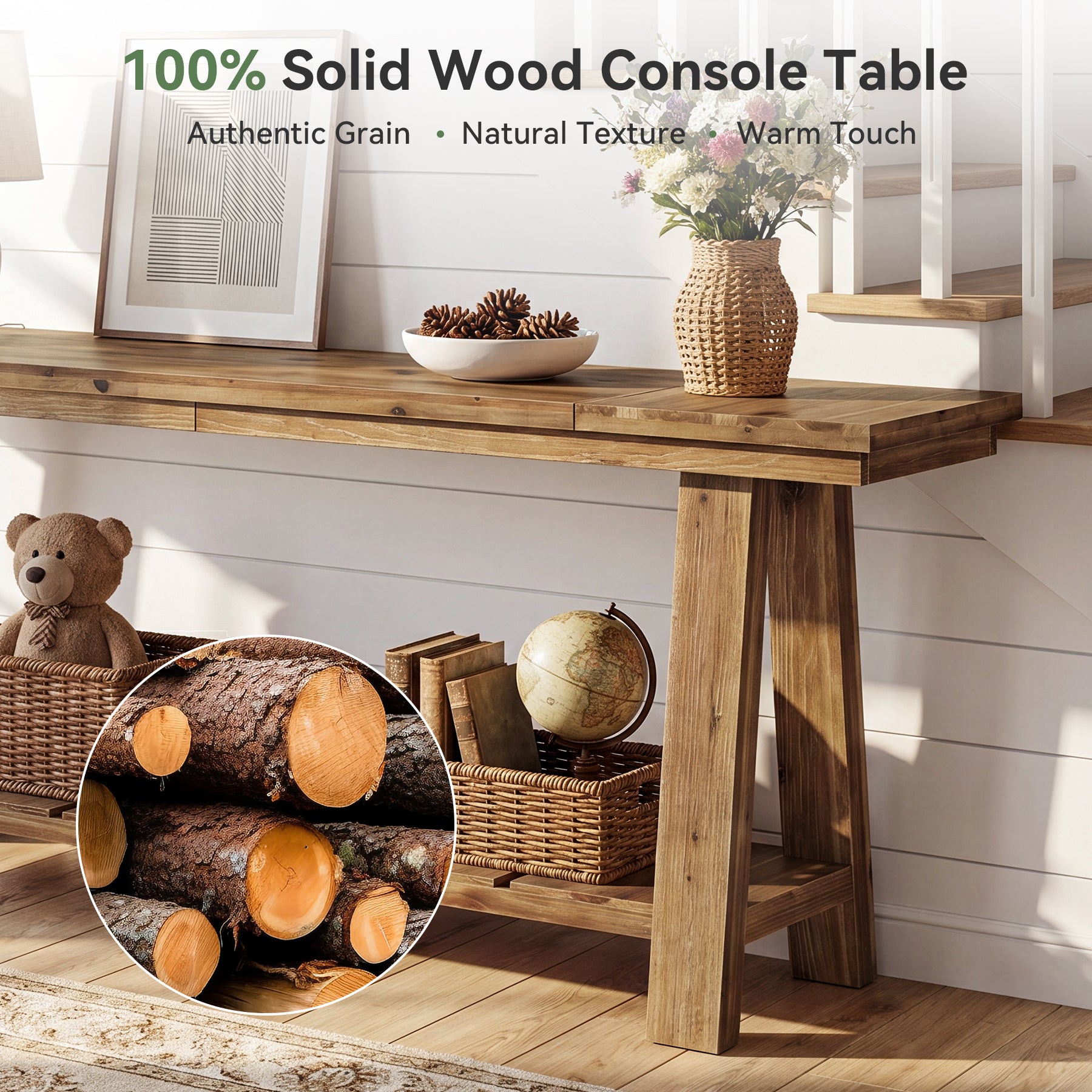 79" Solid Wood Console Table, Long Farmhouse Entryway Table with 2-Tier Storage Shelf