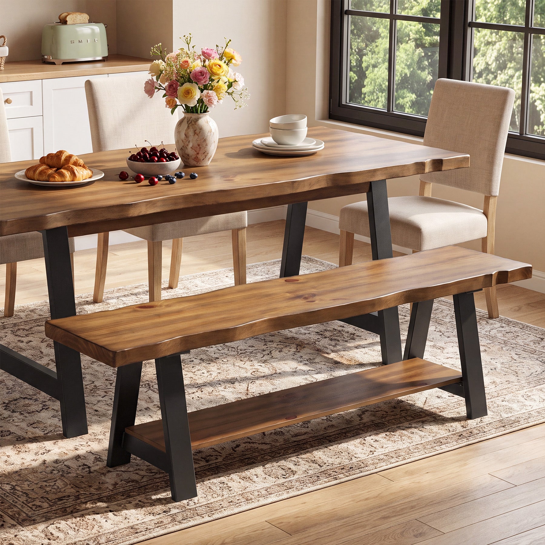 55" Solid Wood Dining Bench, Live Edge Dining Seat with Storage Shelf & Metal Legs