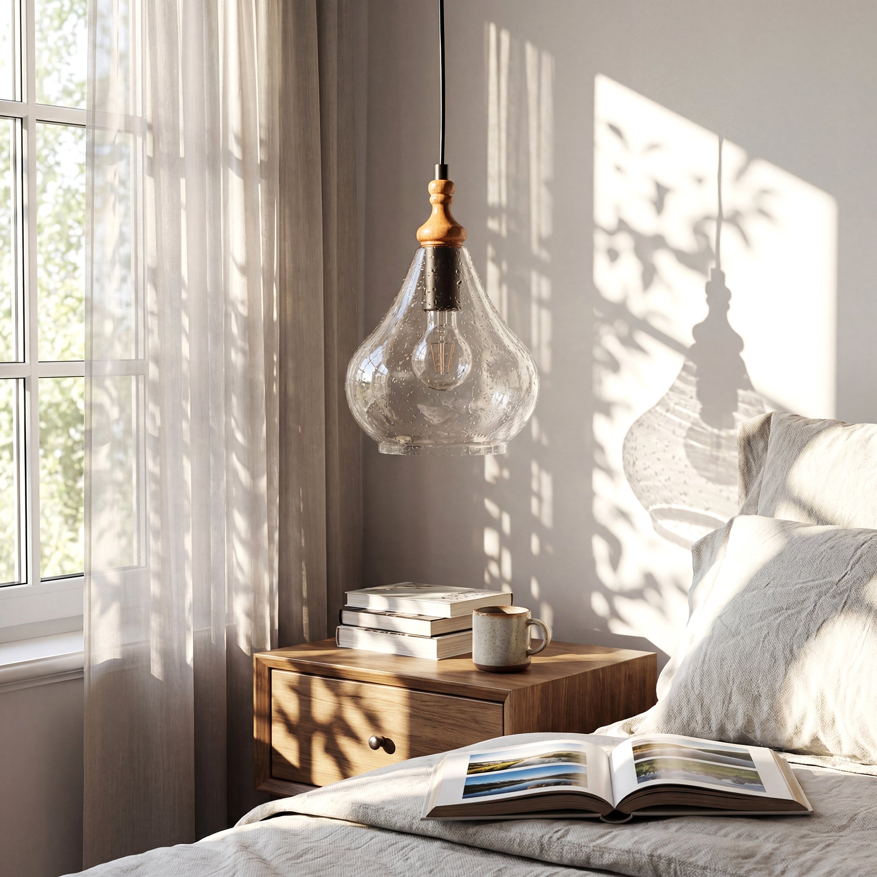Farmhouse Teardrop Pendant Light, Adjustable Hanging Light Fixture with Seeded Glass Shade