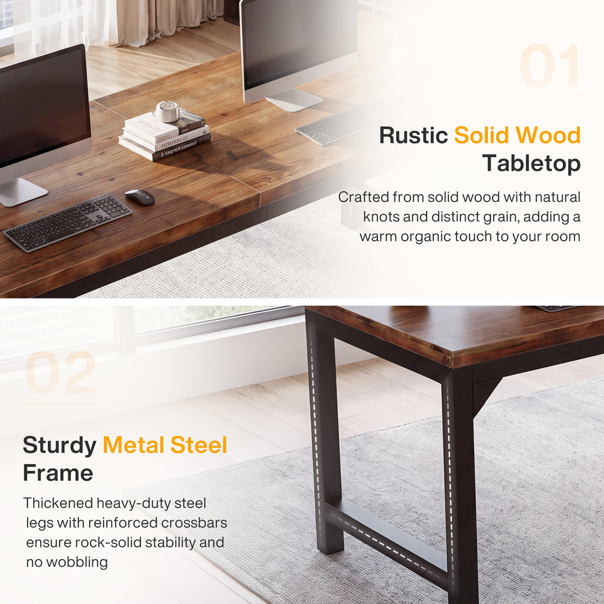 Solid Wood 2-Person Desk, 78.74" Computer Desk with Metal Frame for  Home Office