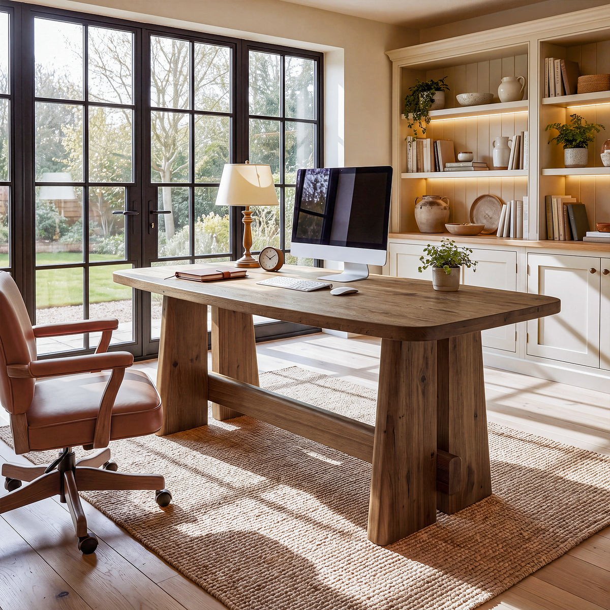 63" Farmhouse Solid Wood Executive Desk with Thick Tabletop, Home Office Desk