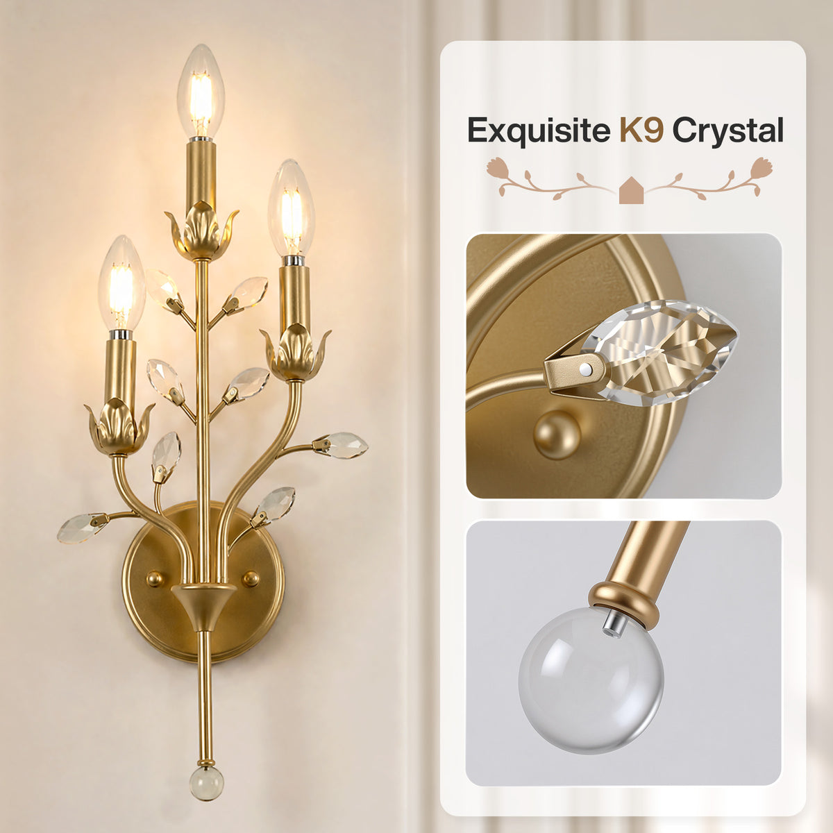 3-Light Gold Crystal Wall Sconce, Floral Vine Candle Wall Light