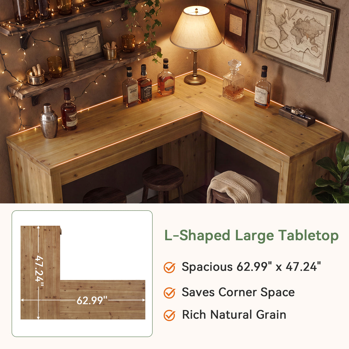 63" x 47" L-Shaped Solid Wood Bar Table, Counter Height with 2.4" Thick Panel Legs