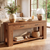63" Solid Wood Console Table, Entryway Sofa Table with 2 Drawers and Open Slatted Shelf 3