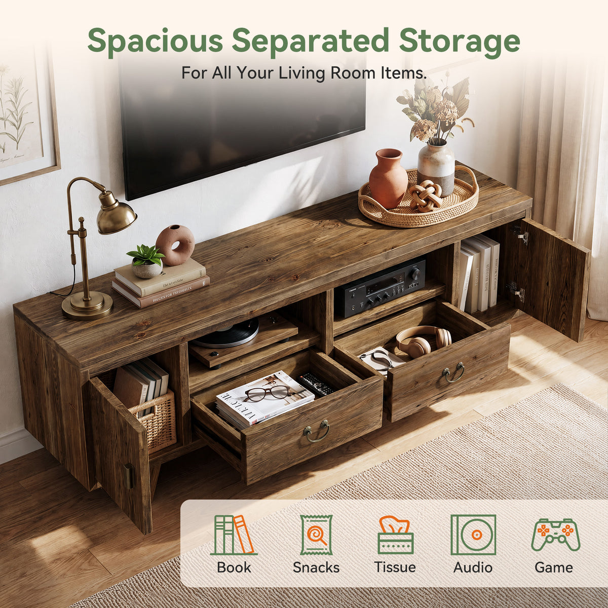 71" Farmhouse Solid Wood TV Stand for TVs Up to 80", Media Console with Storage