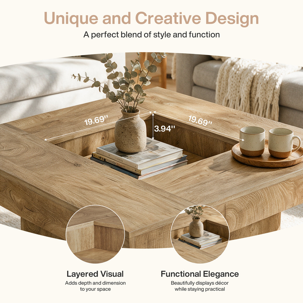 39" Square Farmhouse Coffee Table, Hollow Center Design, Wooden Pedestal Base