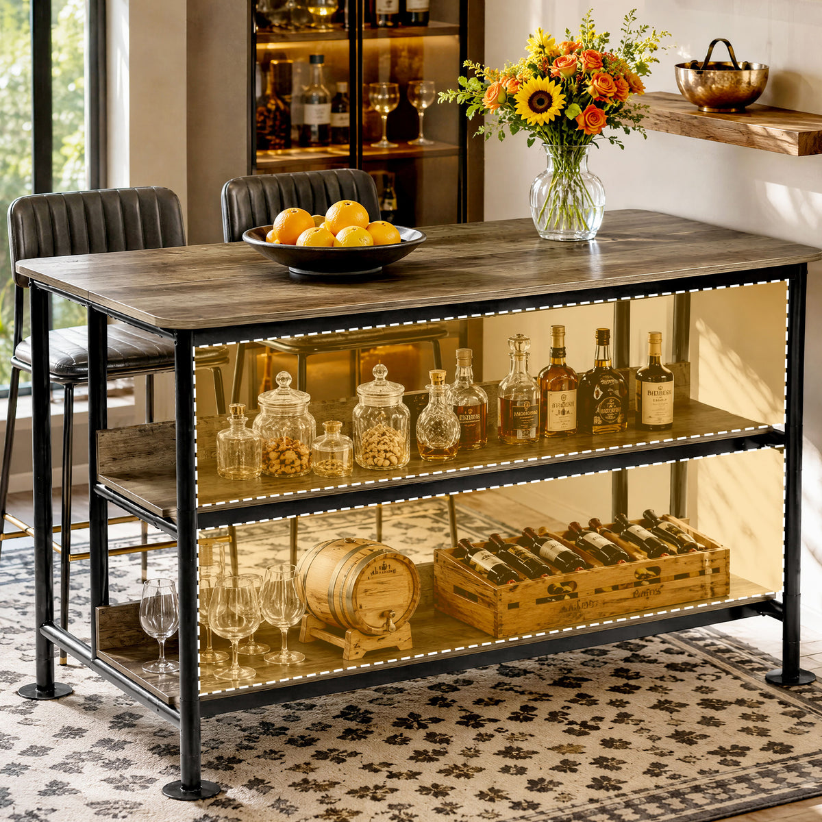 59" Home Bar Table with 3-Tier Storage Shelves, Counter Height, Kitchen Dining Room Pub Table