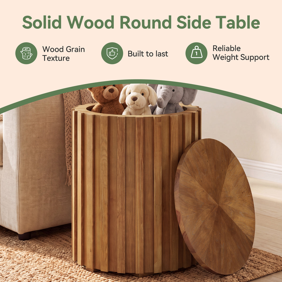 Fluted Round End Table, Solid Wood Cylinder Hidden Storage, No Assembly Nightstand