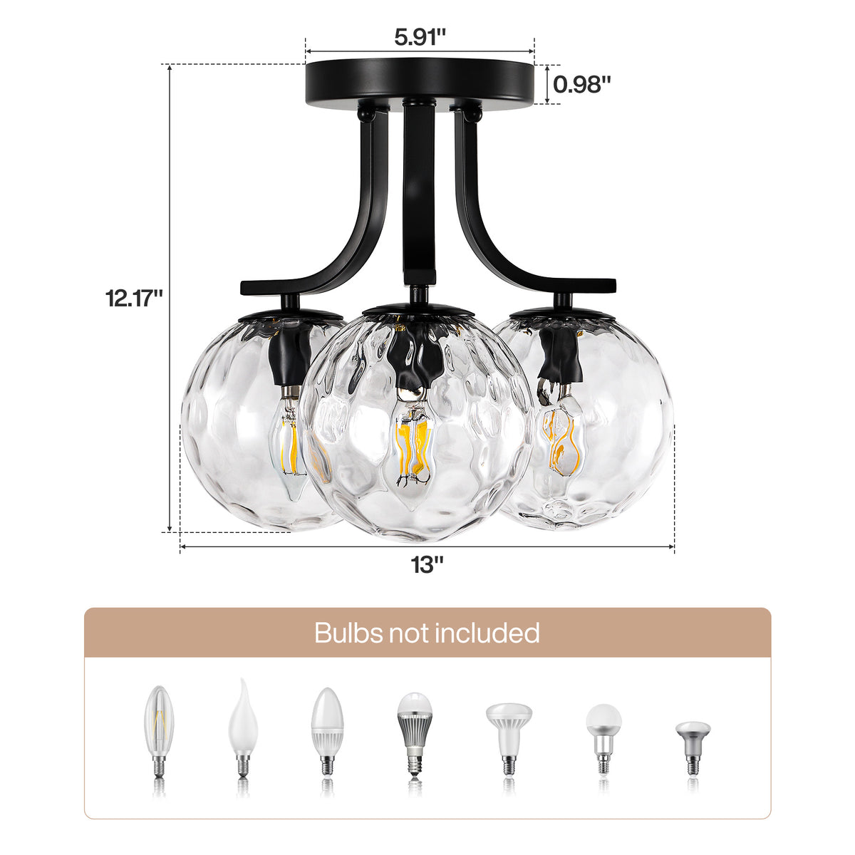 3-Light Semi Flush Mount Ceiling Light with Clear Bubble Glass Globes