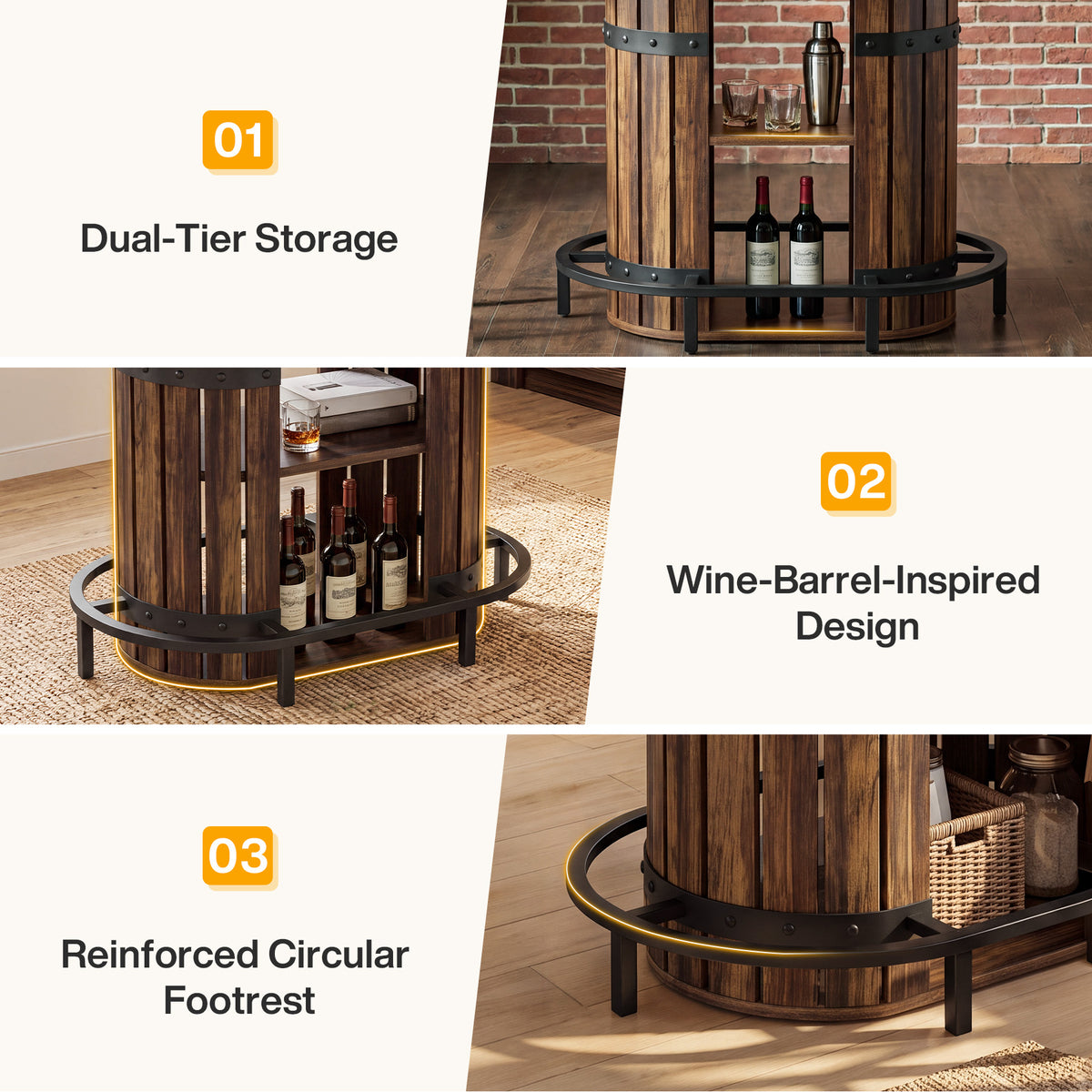 47.24" Bar Table, Farmhouse Counter Height Table with Storage & Metal Footrest