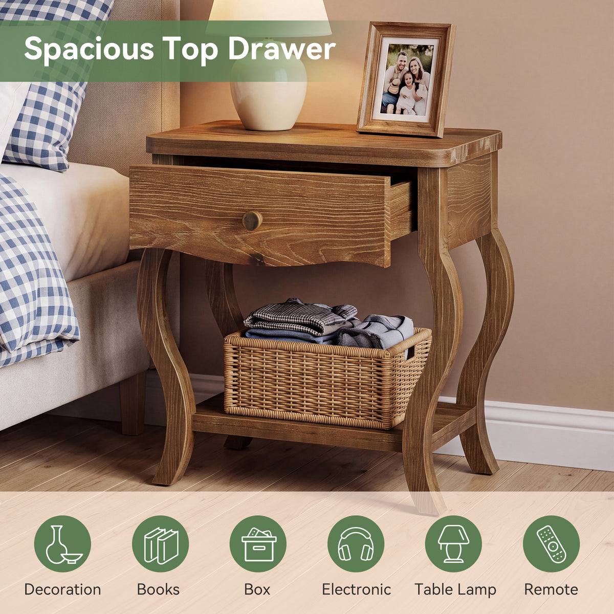 Rustic Solid Wood Nightstand, Drawer & Shelf, 24"W Bedside Table, Bedroom