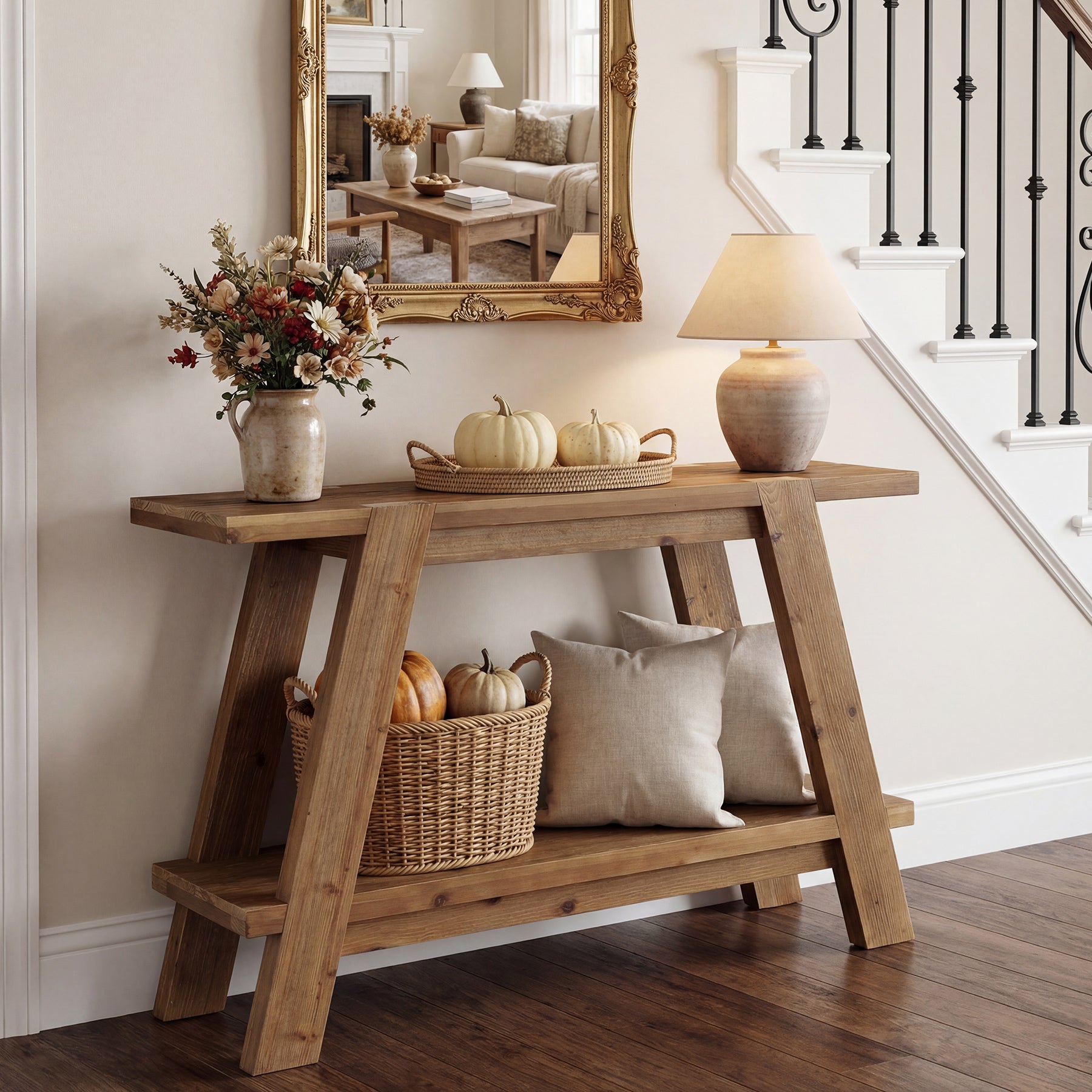 43" Narrow Console Table, 2-Tier Solid Wood Sofa Entryway Table