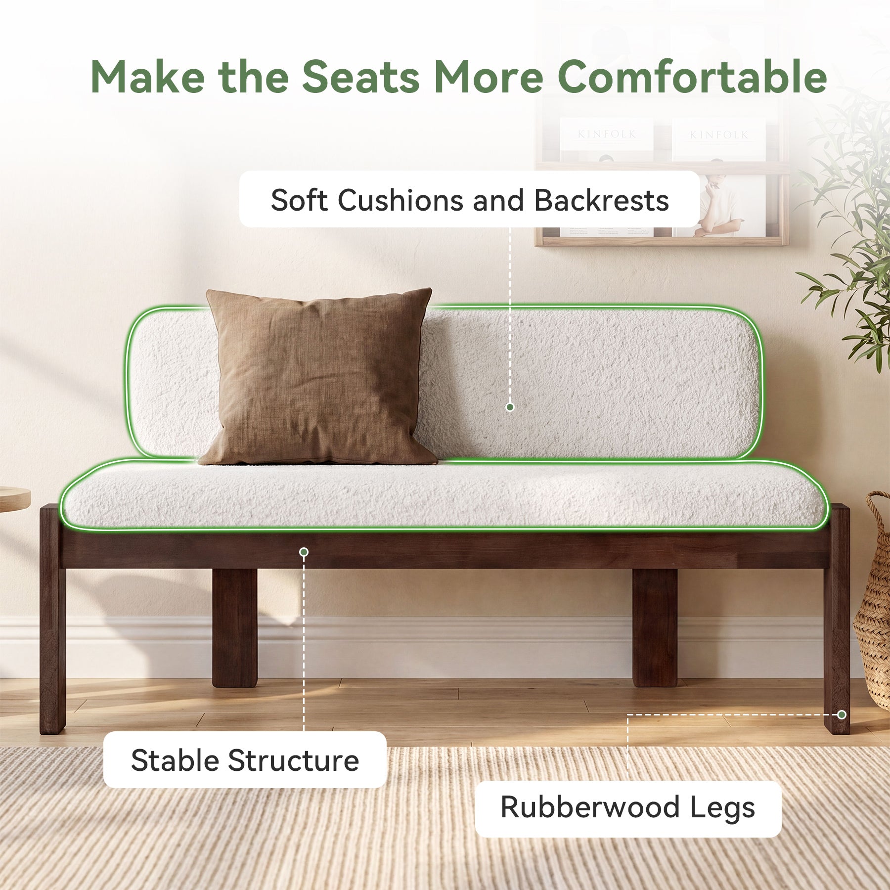55.12" Upholstered Solid Wood Bench, End of Bed Bench with Backrest