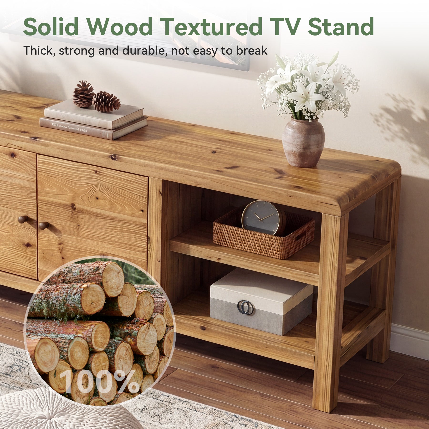 70.9-Inch Solid Wood TV Stand with Door and Storage Shelves, Farmhouse Entertainment Center for TVs up to 80 Inches