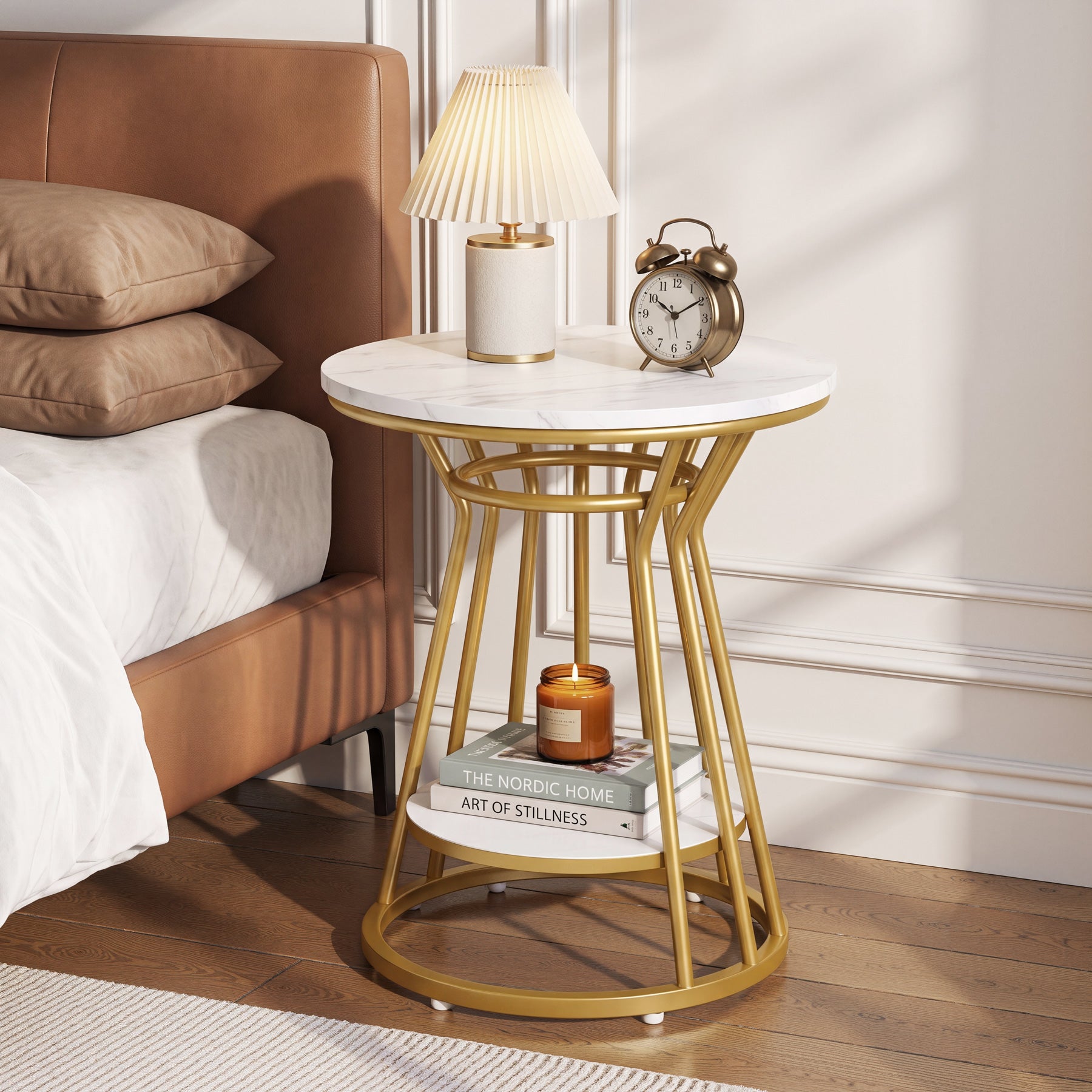 Round End Table, 2-Tier Accent Side Table with Faux Marble Veneer & Metal Frame