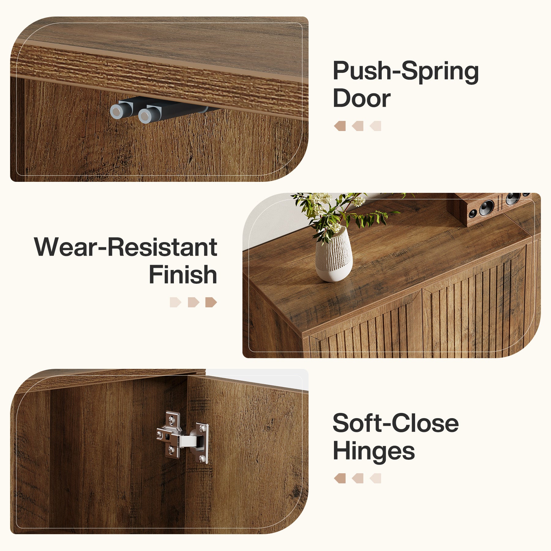 Fluted Sideboard Buffet Cabinet with Adjustable Shelves & 4 Push-Spring Doors