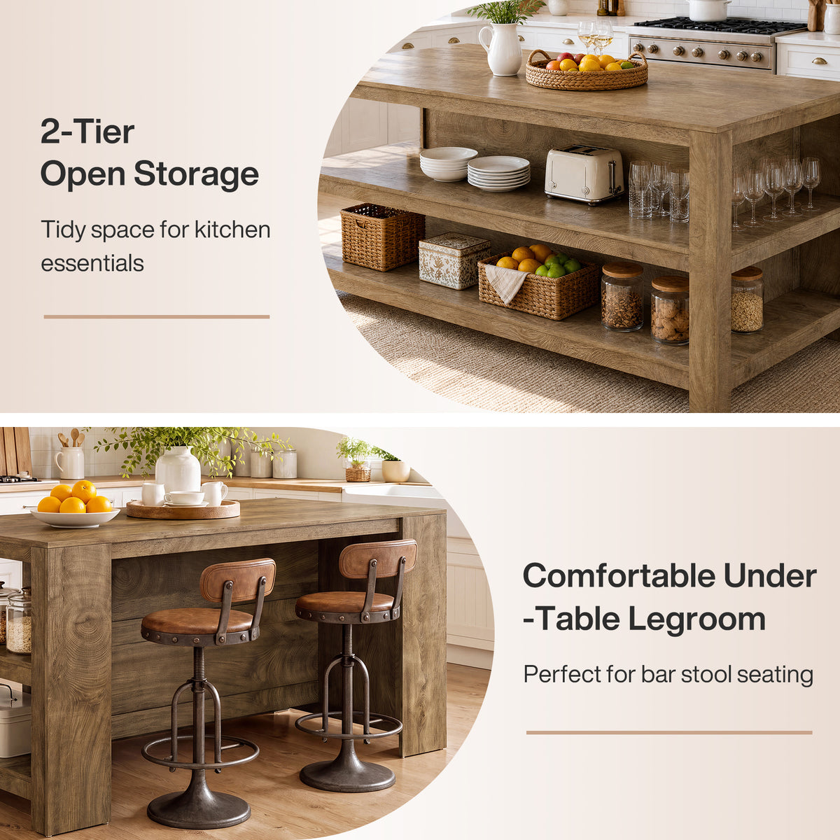 63" Kitchen Island, 2-Tier Counter Height Bar Table with Storage for Kitchen, Dining Room