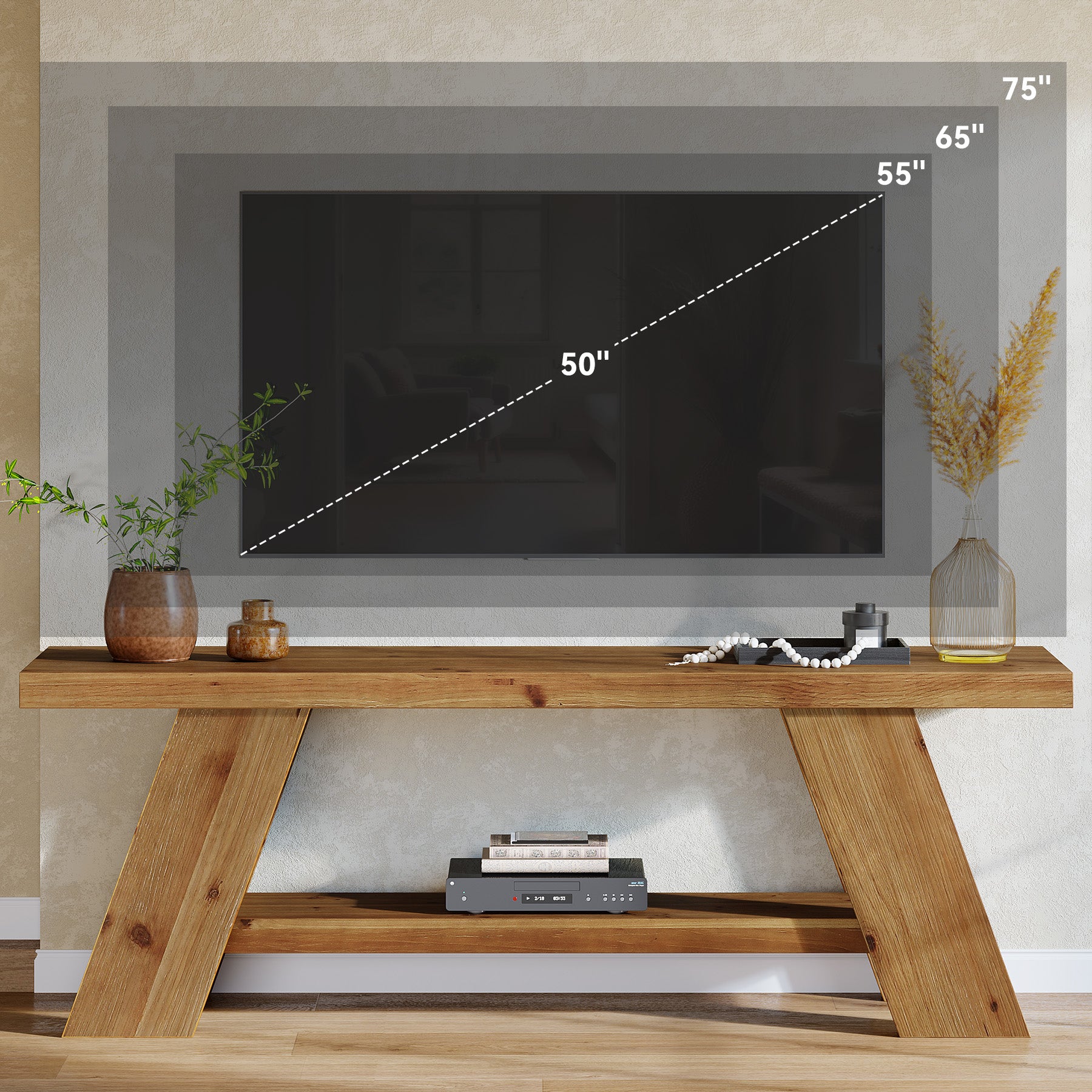 Solid Wood TV Stand with 2-Tier Shelf, 63" TV Media Console for TVs up to 75"