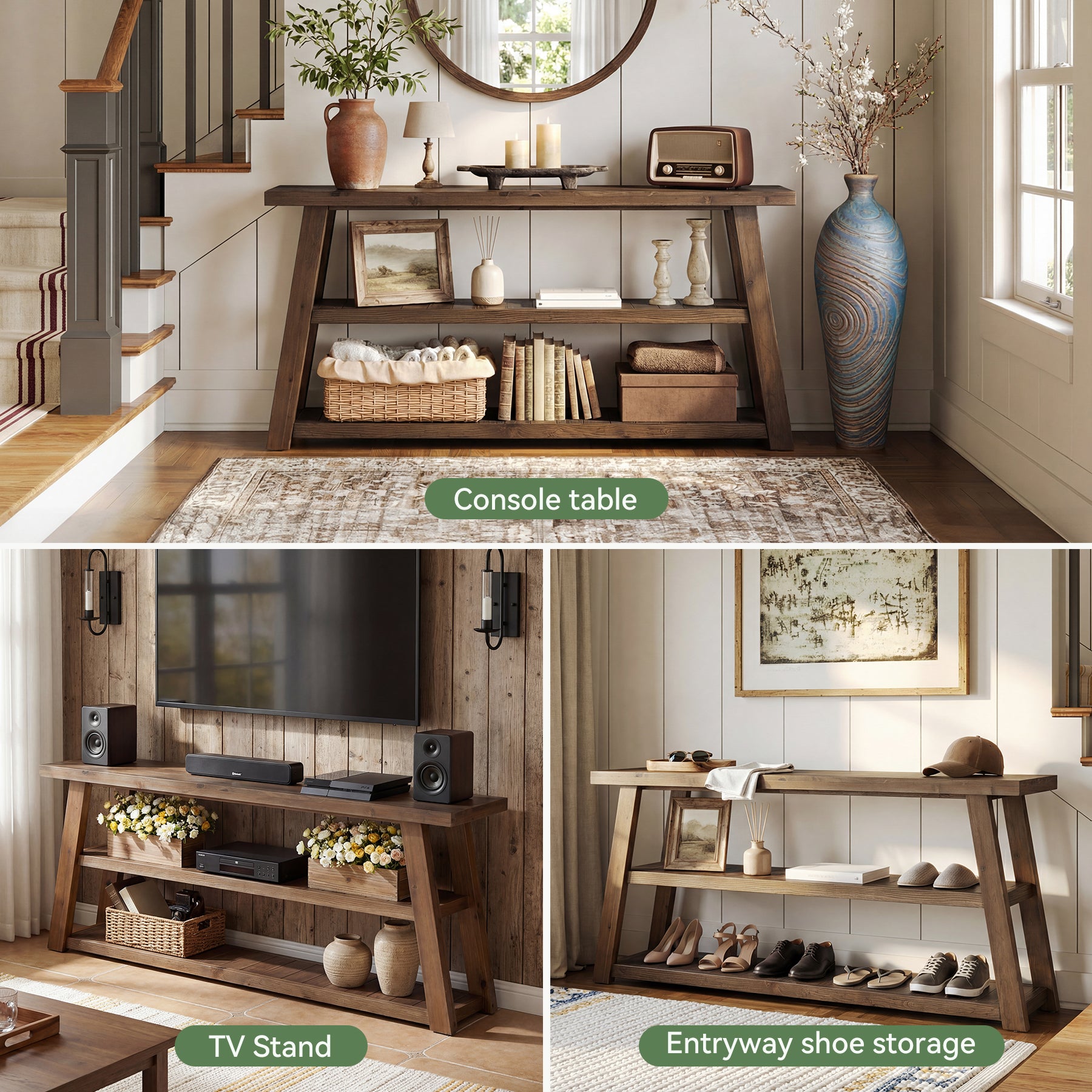 3-Tier Solid Wood TV Stand, 63" Entertainment Center with Open Shelves