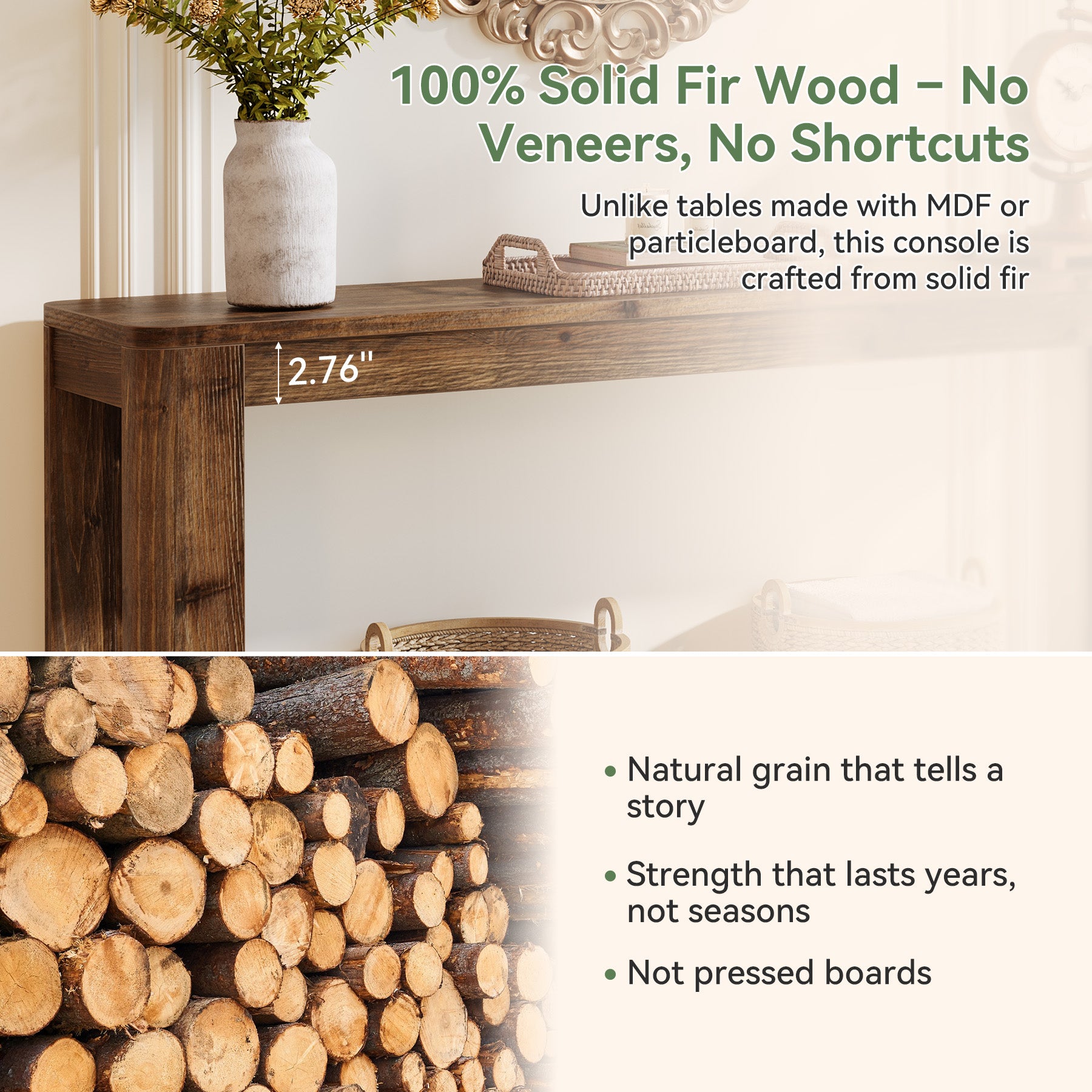63" Solid Wood Console Table with Shelf, Slim Farmhouse Entryway & Sofa Table for Narrow Spaces