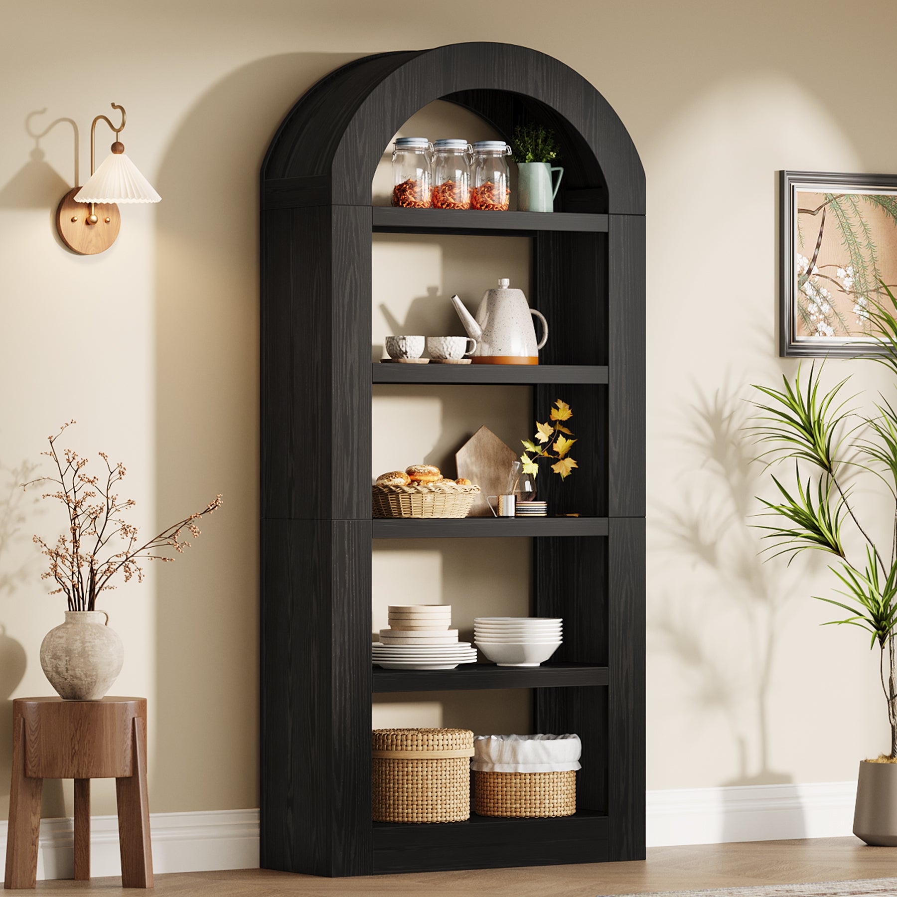 70.9" Bookshelf, 5-Tier Arched Bookcase Display Shelves Organizer