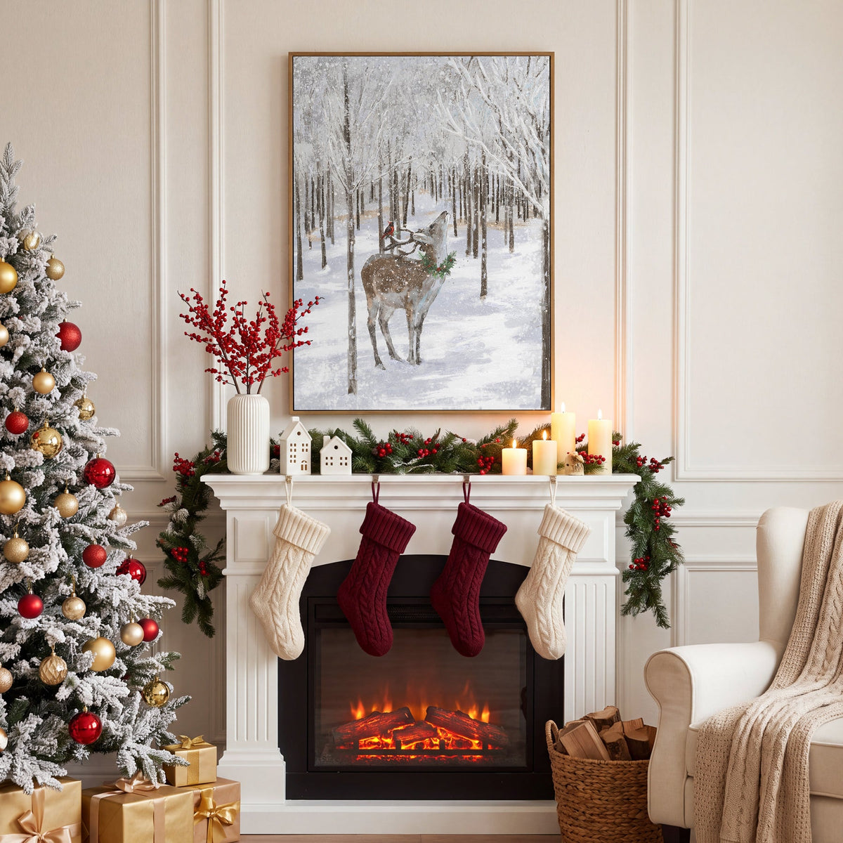 28x20 Christmas Deer Wall Art, Hand-Painted Farmhouse Winter Forest Canvas