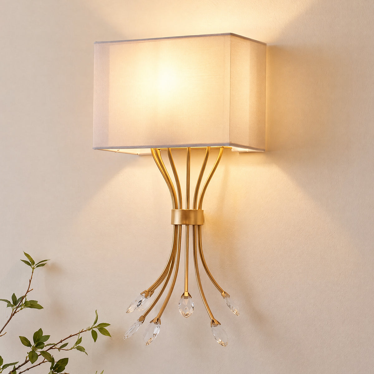 19.96" Gold Wall Sconce, Double Layer Fabric Wall Light with Crystal