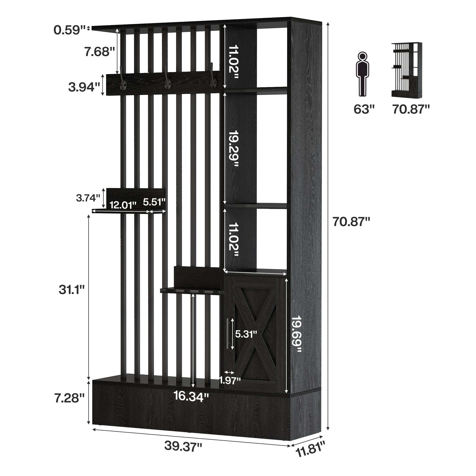 71" Wall Room Divider with Shelves, Freestanding Wall Partition with Storage Cabinet & Coat Hooks